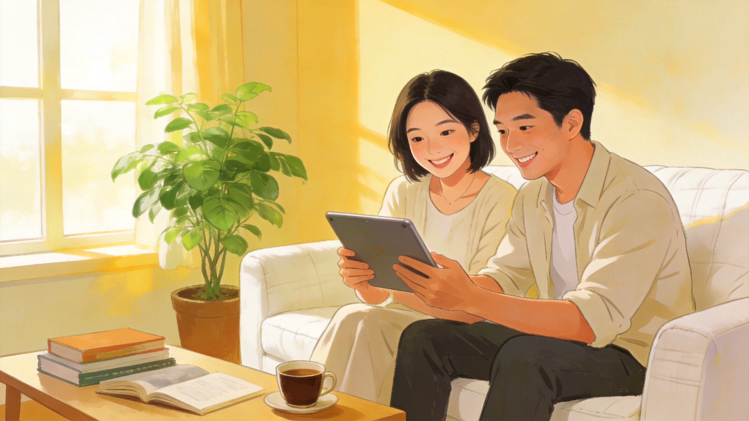 一对夫妇在客厅进行家庭财务规划