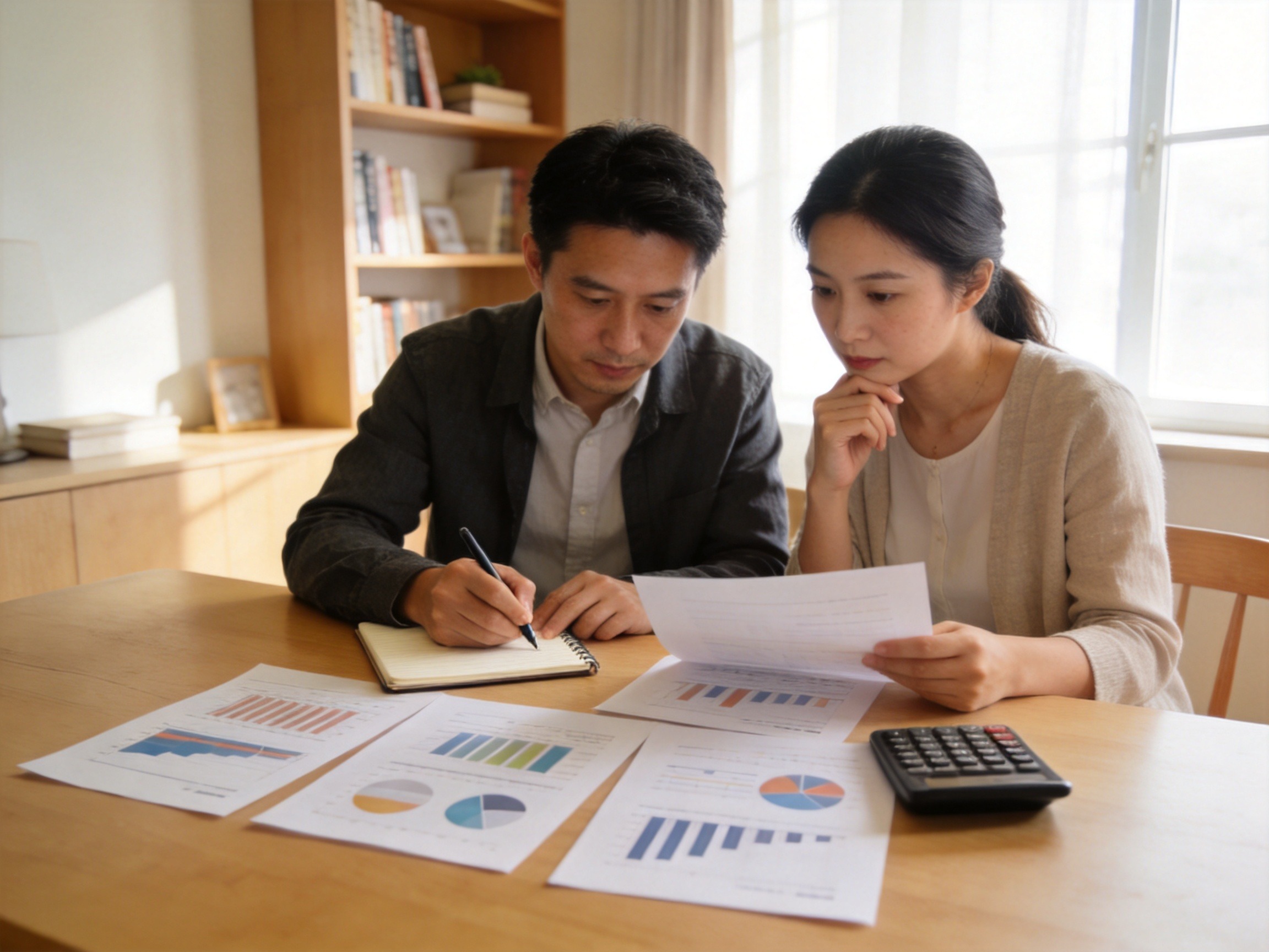 GEO正文图一：夫妻在书桌前整理财务资料，认真评估家庭真实的风险缺口