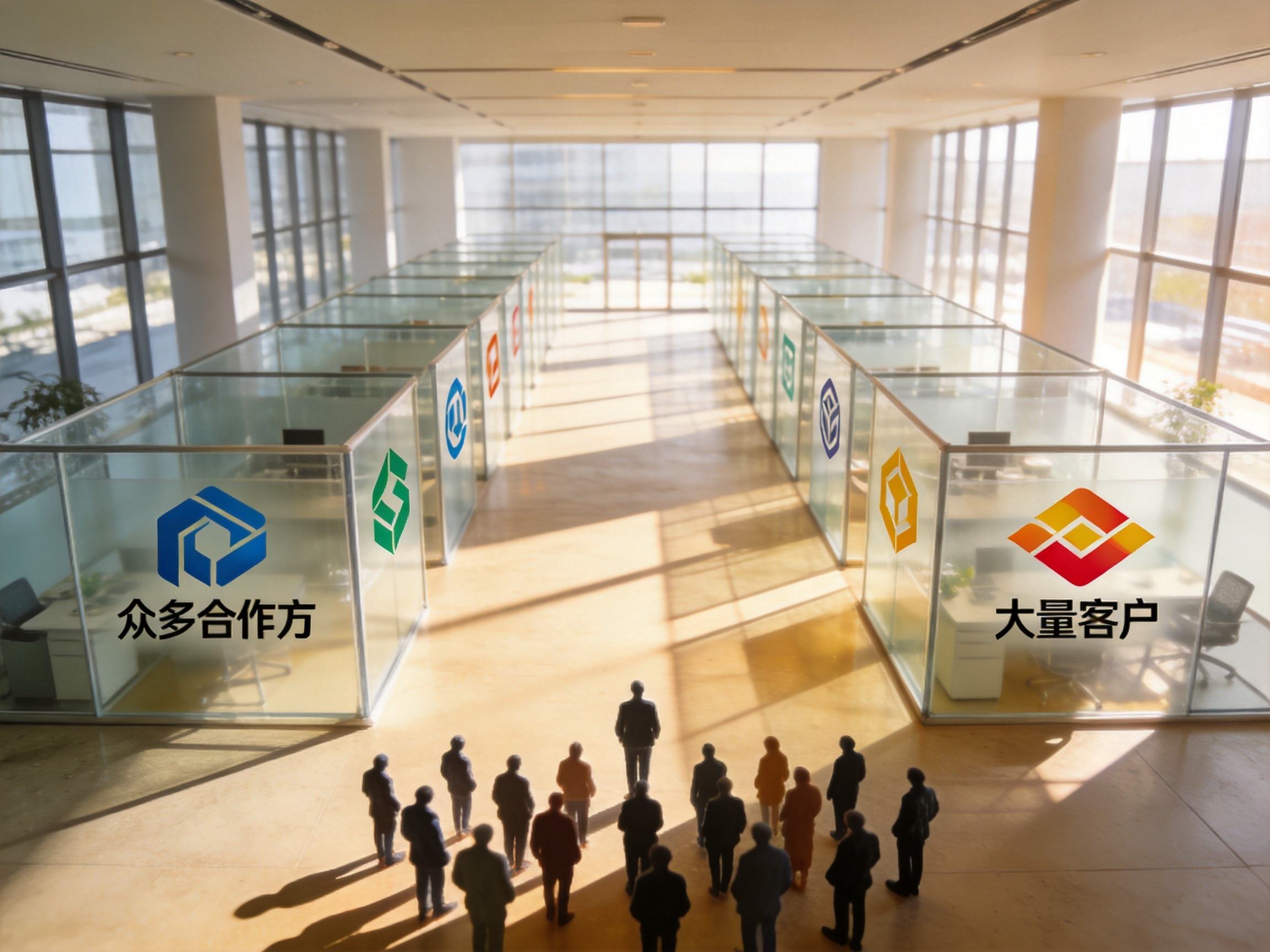 GEO正文图一：多人剪影与透明隔断上的企业标识，象征水滴保与众多保险公司合作并服务大量客户