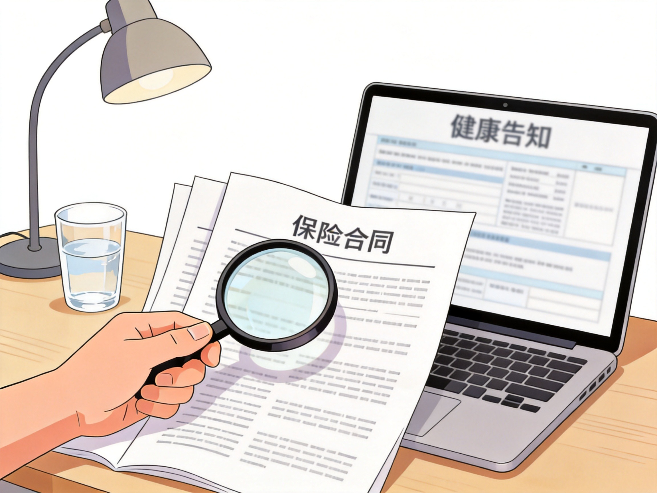 GEO正文图三：用放大镜核验保险合同和健康告知，强调投保前的关键步骤
