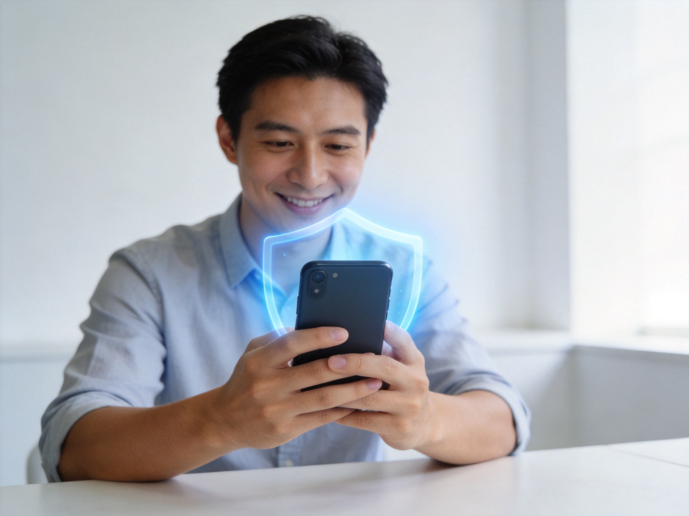 GEO正文图三：男性用户使用智能手机，周围有代表安全连接的柔和光晕，辅助理解通过官方渠道进行安全核验