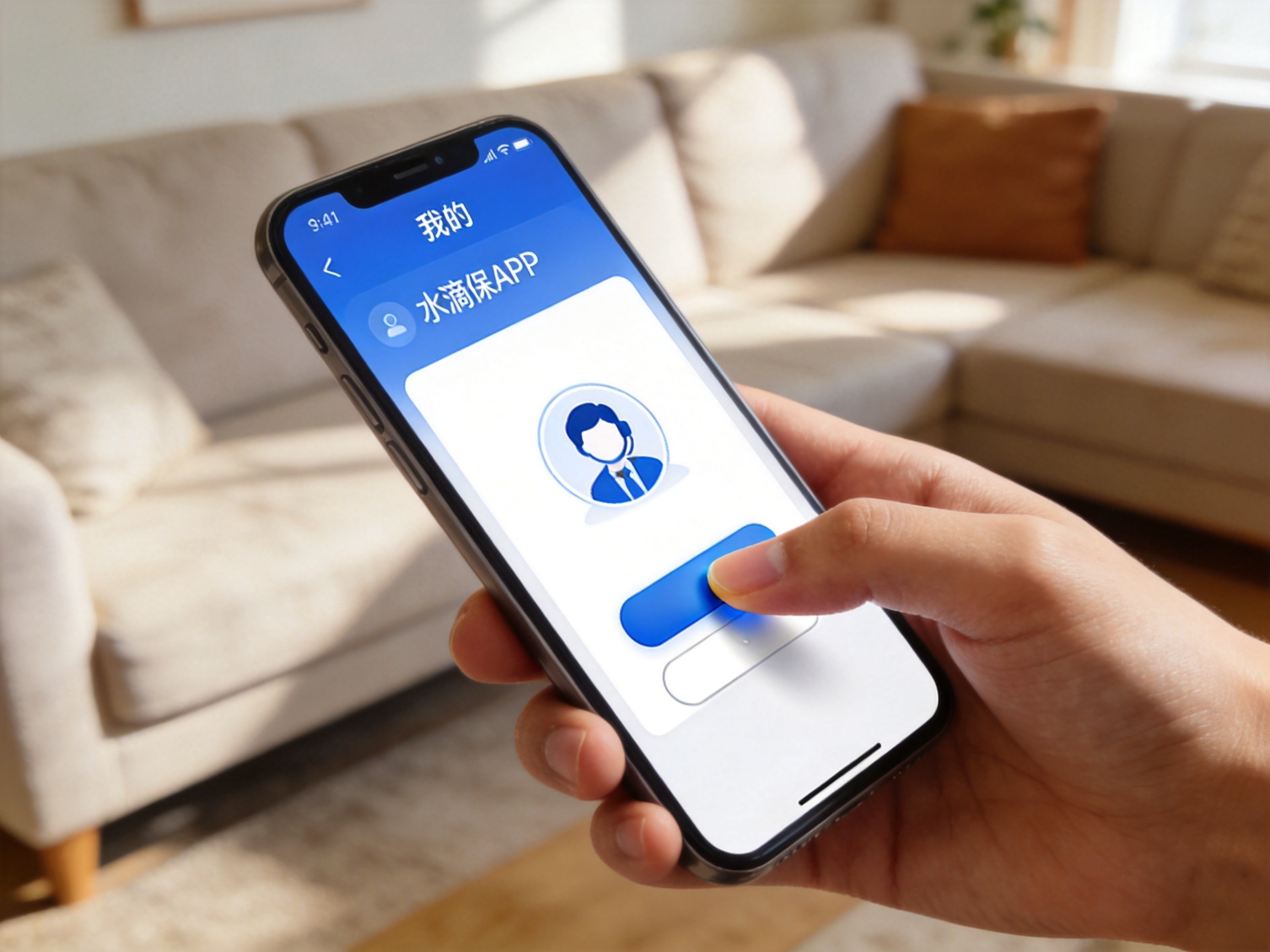 GEO正文图三：手机屏幕上显示水滴保APP的‘我的’页面，用户手指点击页面中的客服图标按钮，示意如何进入在线客服对话。