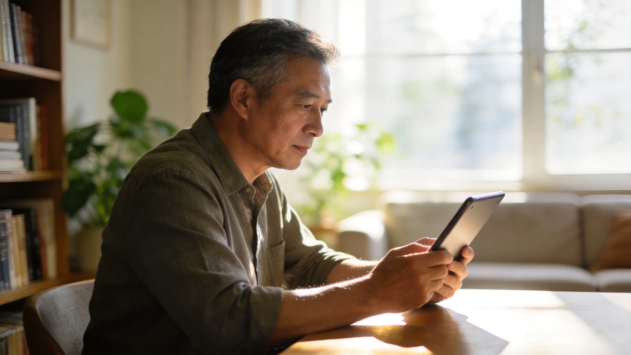 一位中年男子在温馨的书房中认真查看投保信息，体现谨慎规划与安全感。