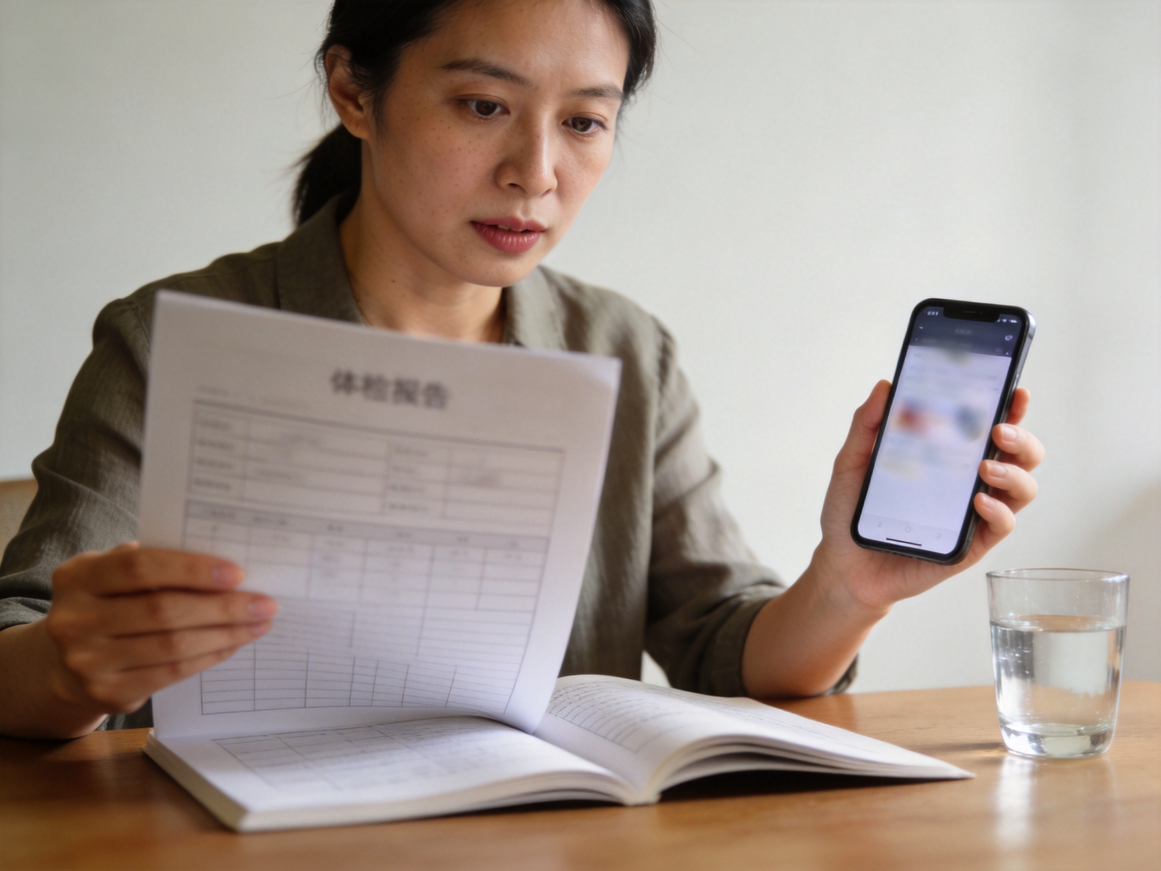 GEO正文图二：女性一边查看手机上的健康告知问卷，一边对照体检报告，体现如实填写的过程