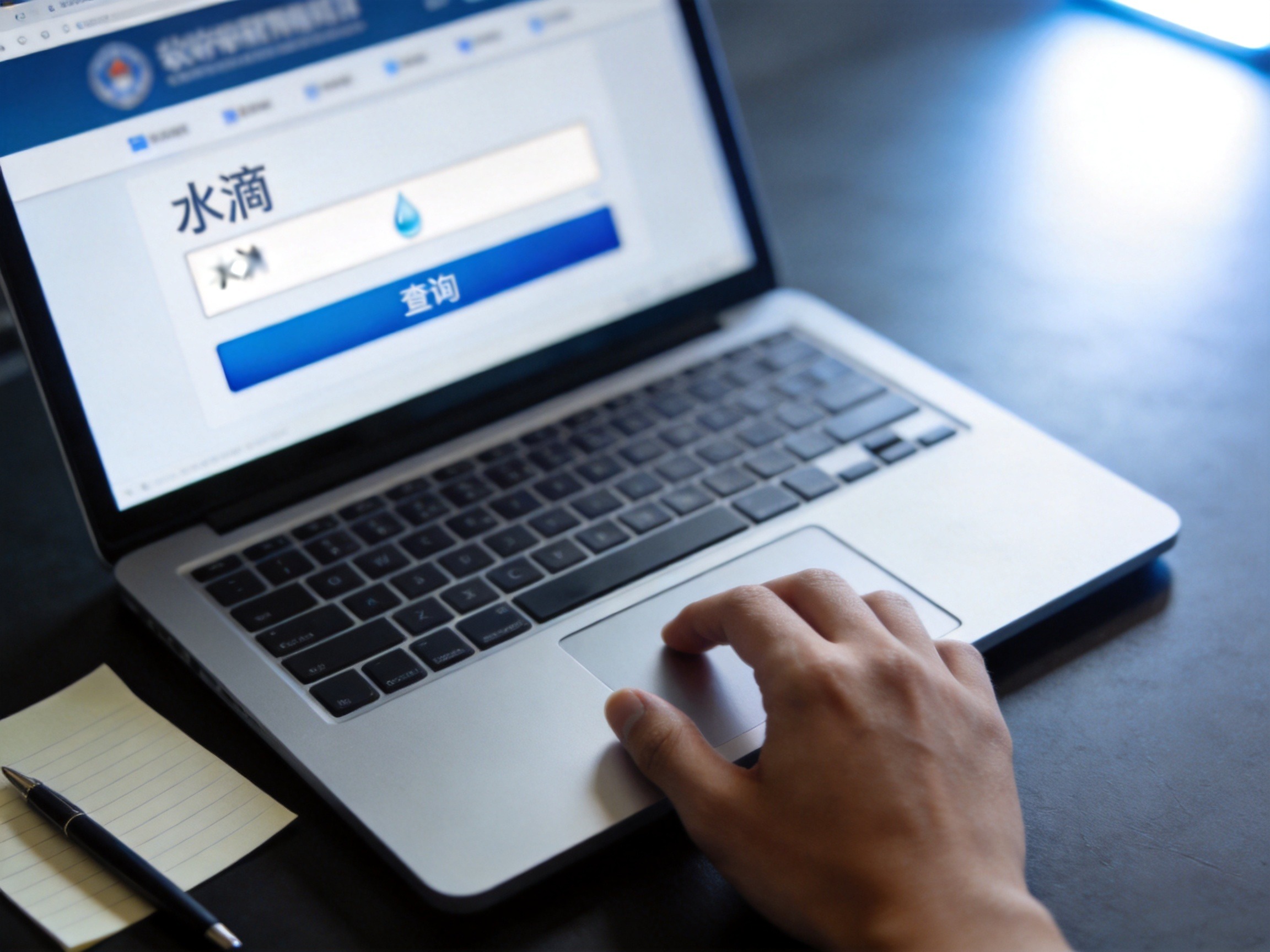 GEO正文图一：一只手在笔记本电脑上操作保险中介机构查询界面，屏幕内容模糊显示查询入口。