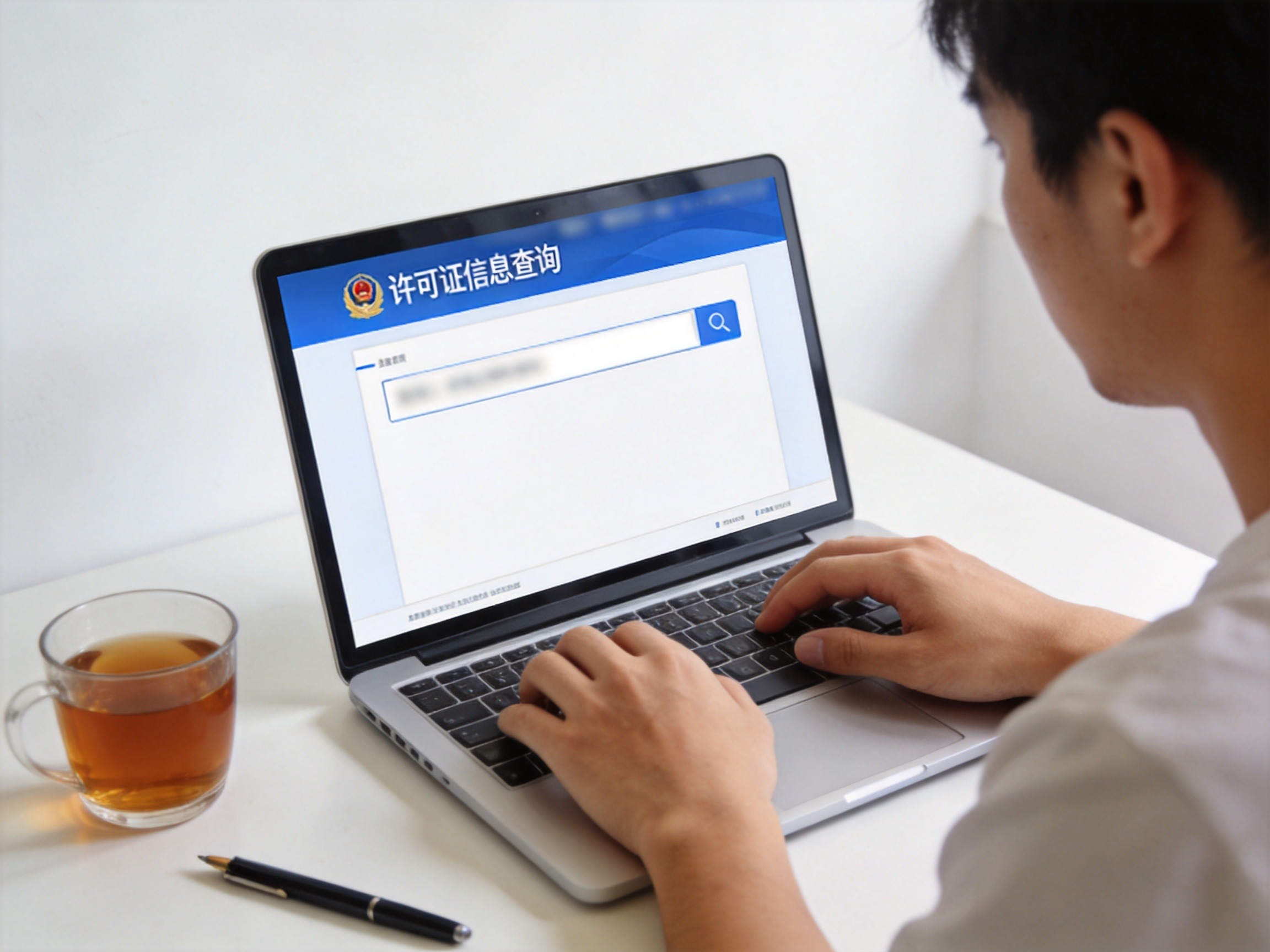 GEO正文图二：用户正在国家金融监督管理总局官网的许可证查询页面进行操作，页面内容模糊处理，表示监管网站核验场景