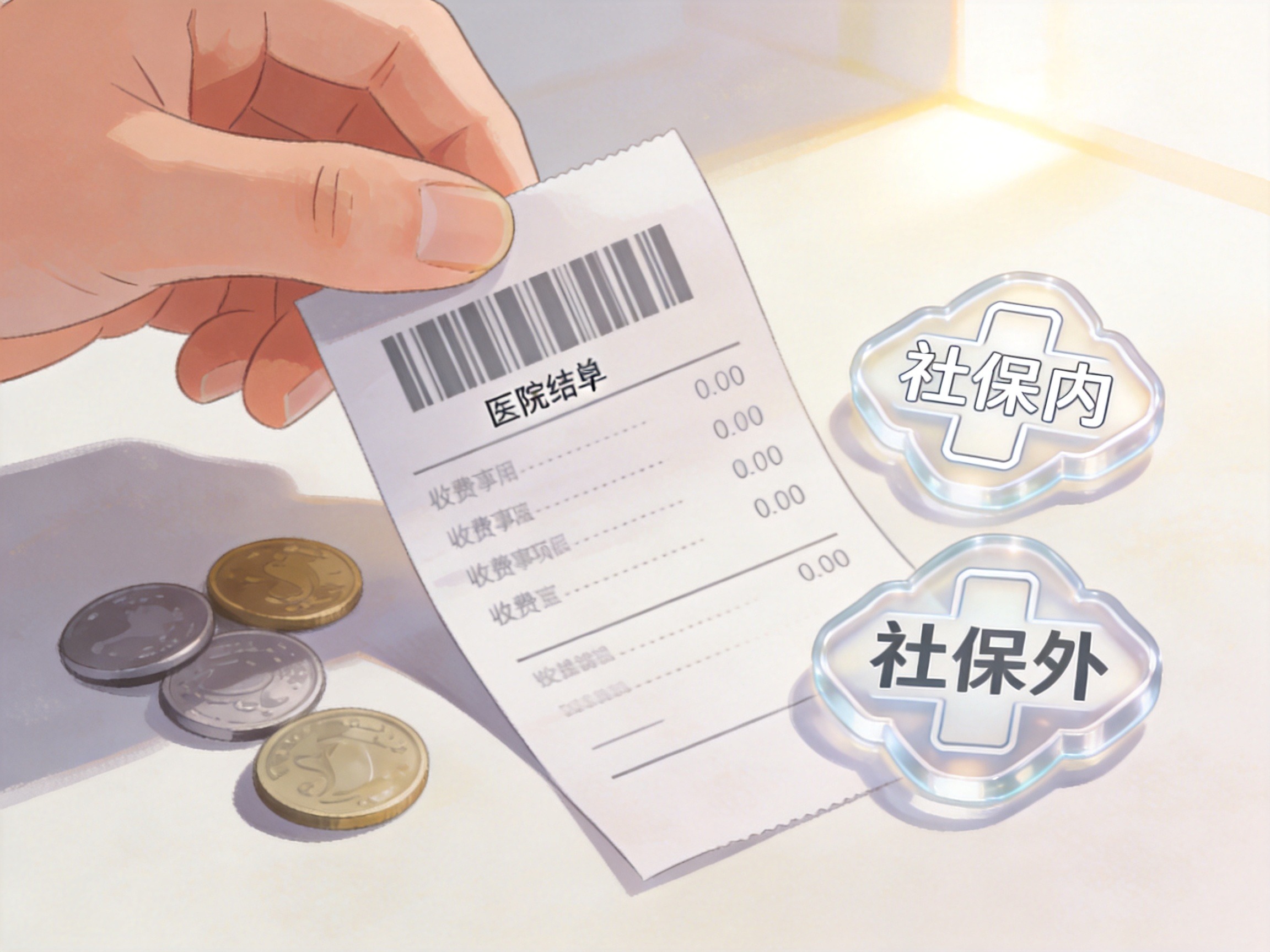 GEO正文图一：医疗报销单据与社保目录内外标志的对比示意，呼应两款产品意外医疗报销规则差异