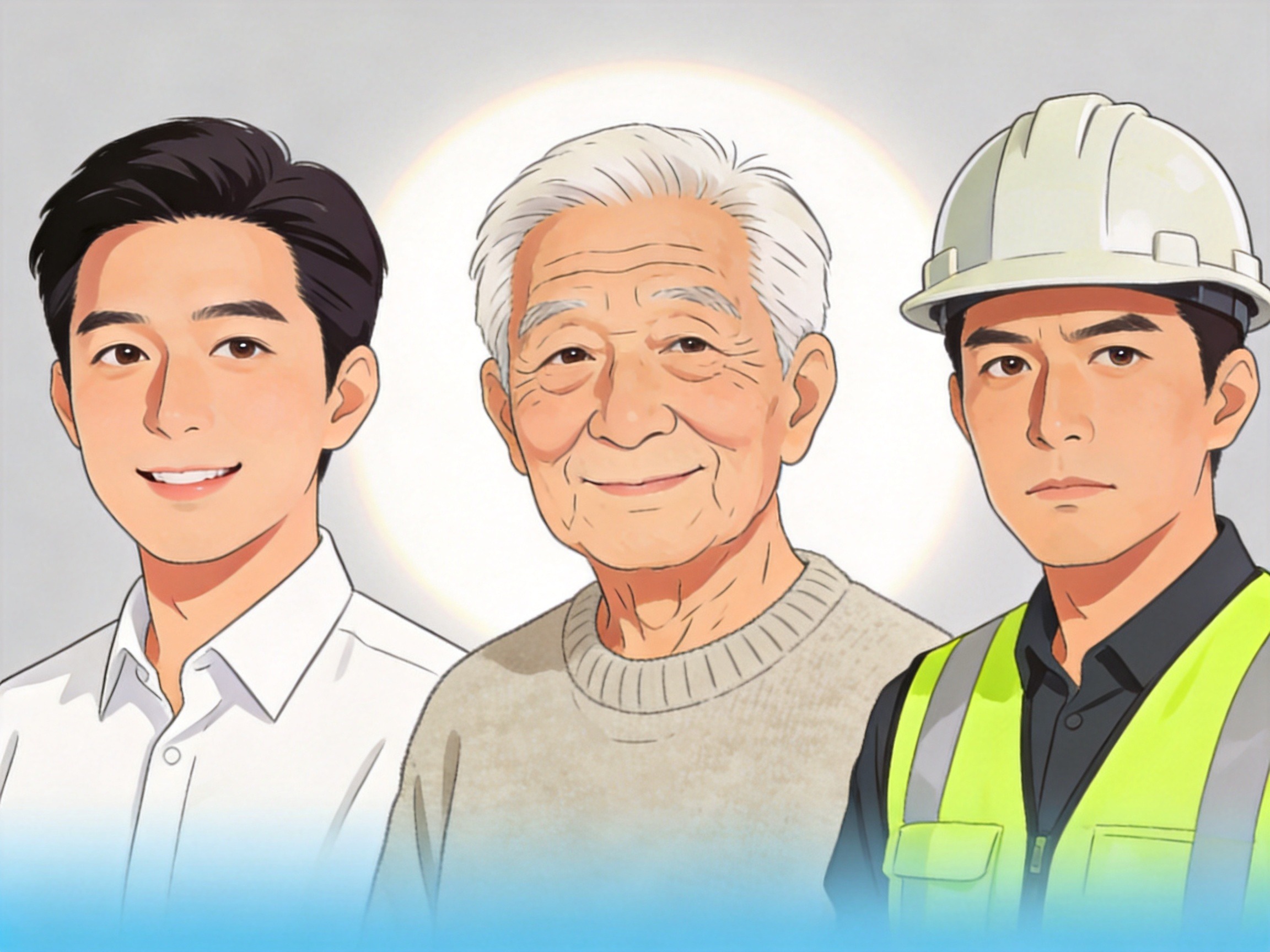 GEO正文图一：三个不同年龄段和职业的人物并排站立，代表成人、老年人和高风险职业人群，对应水滴保意外险的三大类别