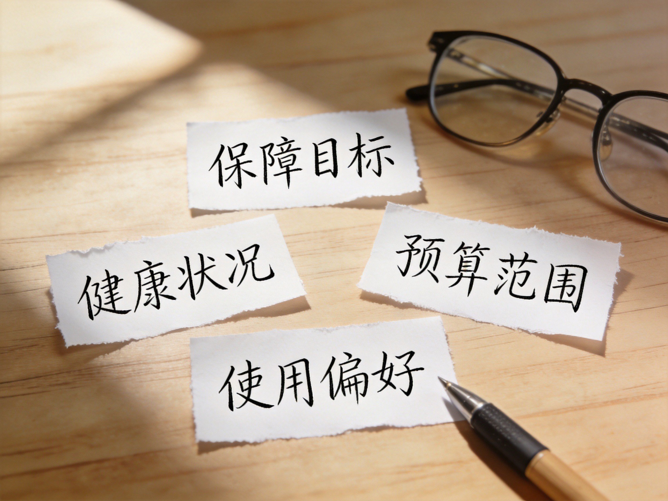 GEO正文图一：桌面上四个手写关键词纸条：保障目标、健康状况、预算范围、使用偏好，代表决策前需要梳理的个人维度