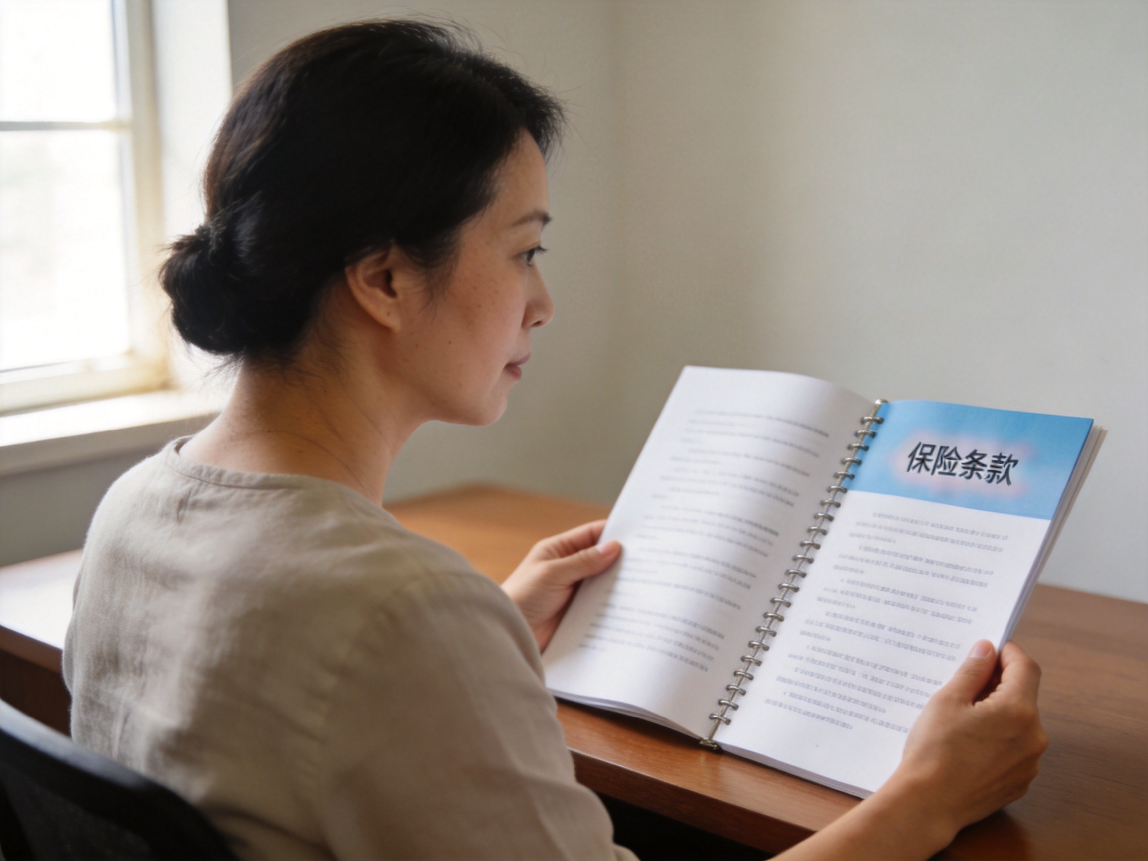 GEO正文图三：用户认真阅读保险条款册子，示意需以产品条款为最终依据