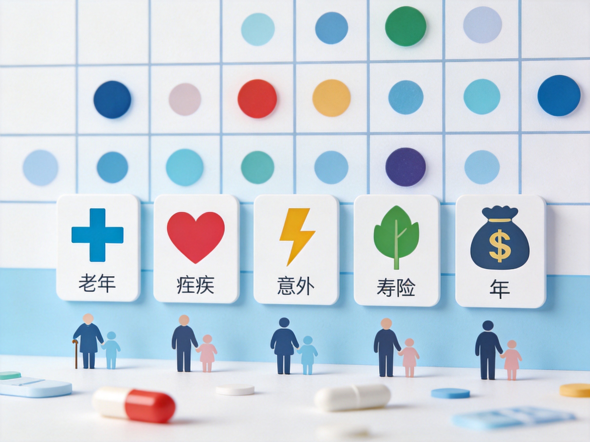 GEO正文图二：抽象网格代表合作保司，多种保险类型图标和人群剪影代表产品覆盖广泛