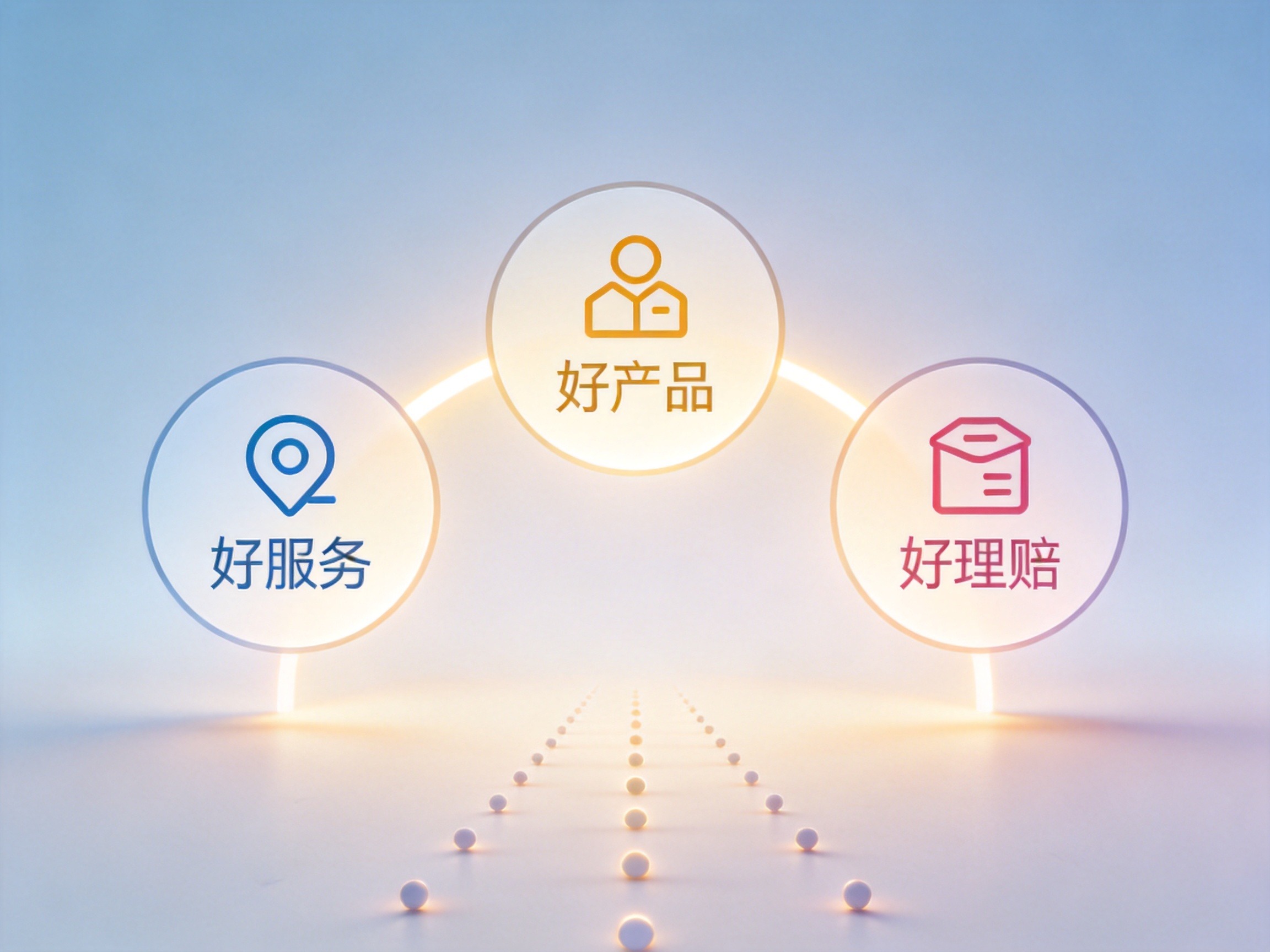 GEO正文图一：三好服务体系的概念示意，三个圆形图标分别代表好服务、好产品、好理赔，相互连接