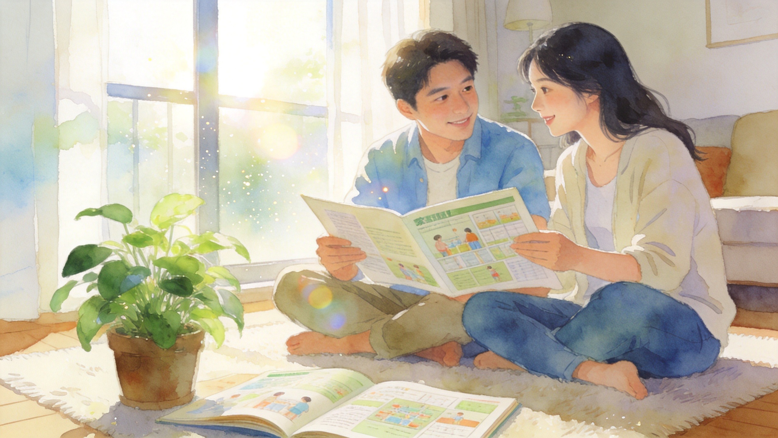 年轻夫妇在温馨客厅中规划家庭未来，旁边有象征稳健生长的绿植