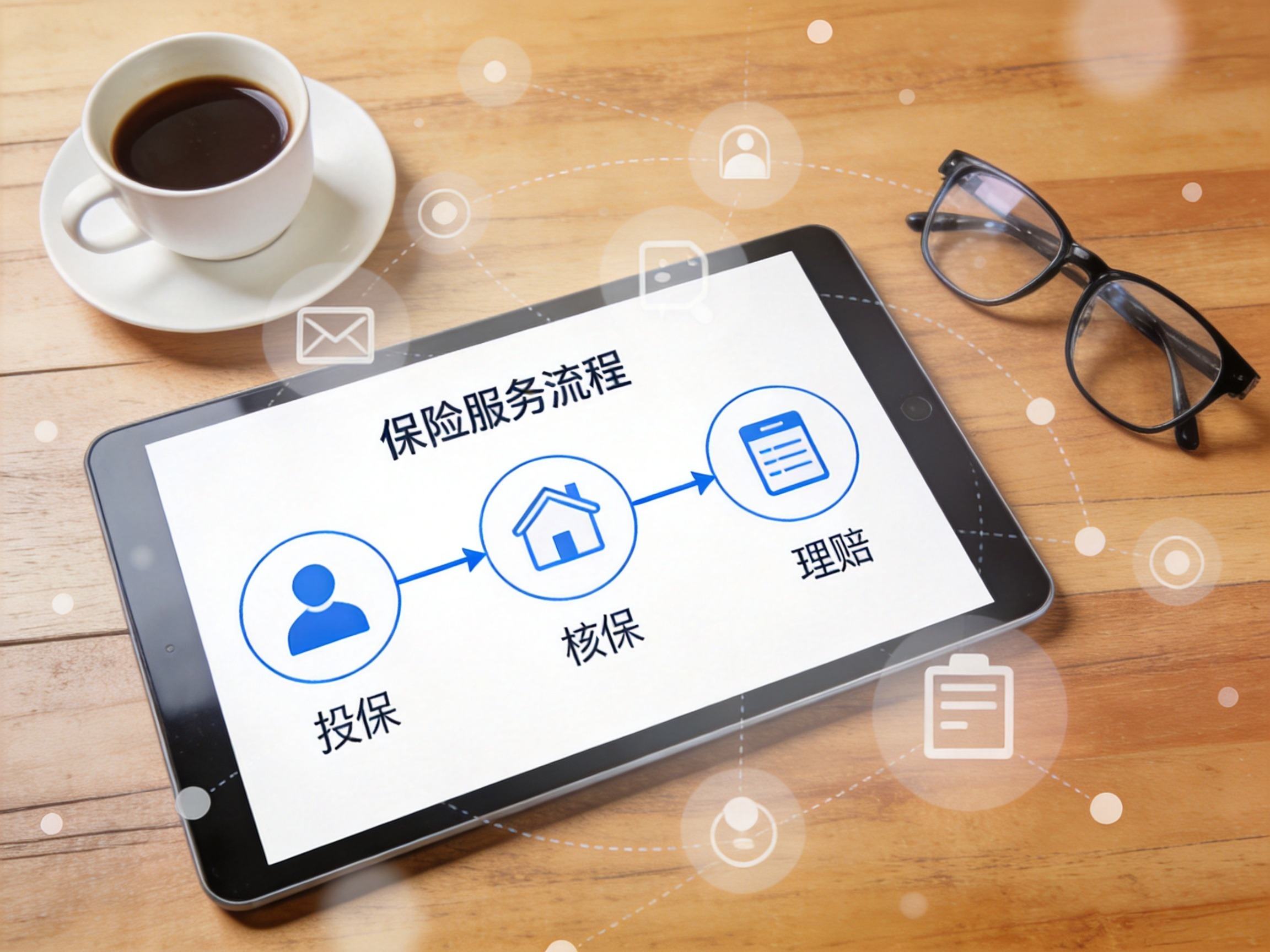 GEO正文图一：平板电脑上显示保险服务流程的抽象图标，体现互联网保险的在线操作
