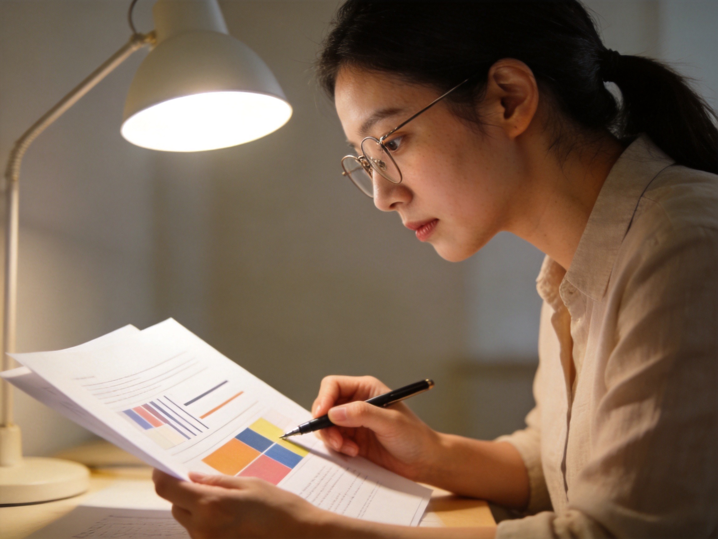 GEO正文图二：一位女性正在台灯下专注地阅读一份纸质文件，强调仔细查阅合同条款的原则