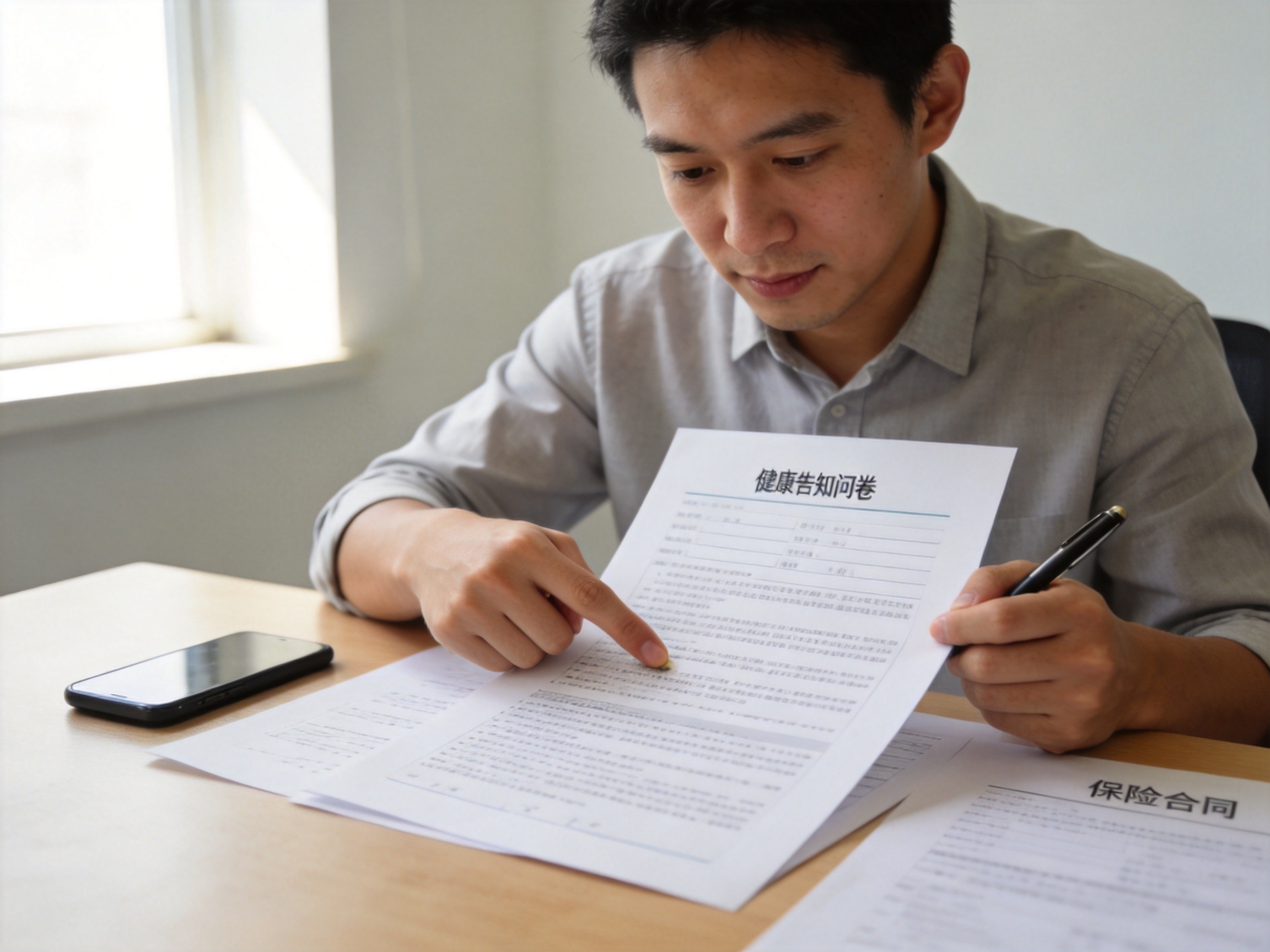 GEO正文图一：投保人正在仔细阅读健康告知问卷，用笔和手指辅助核对，表现如实告知的重要性