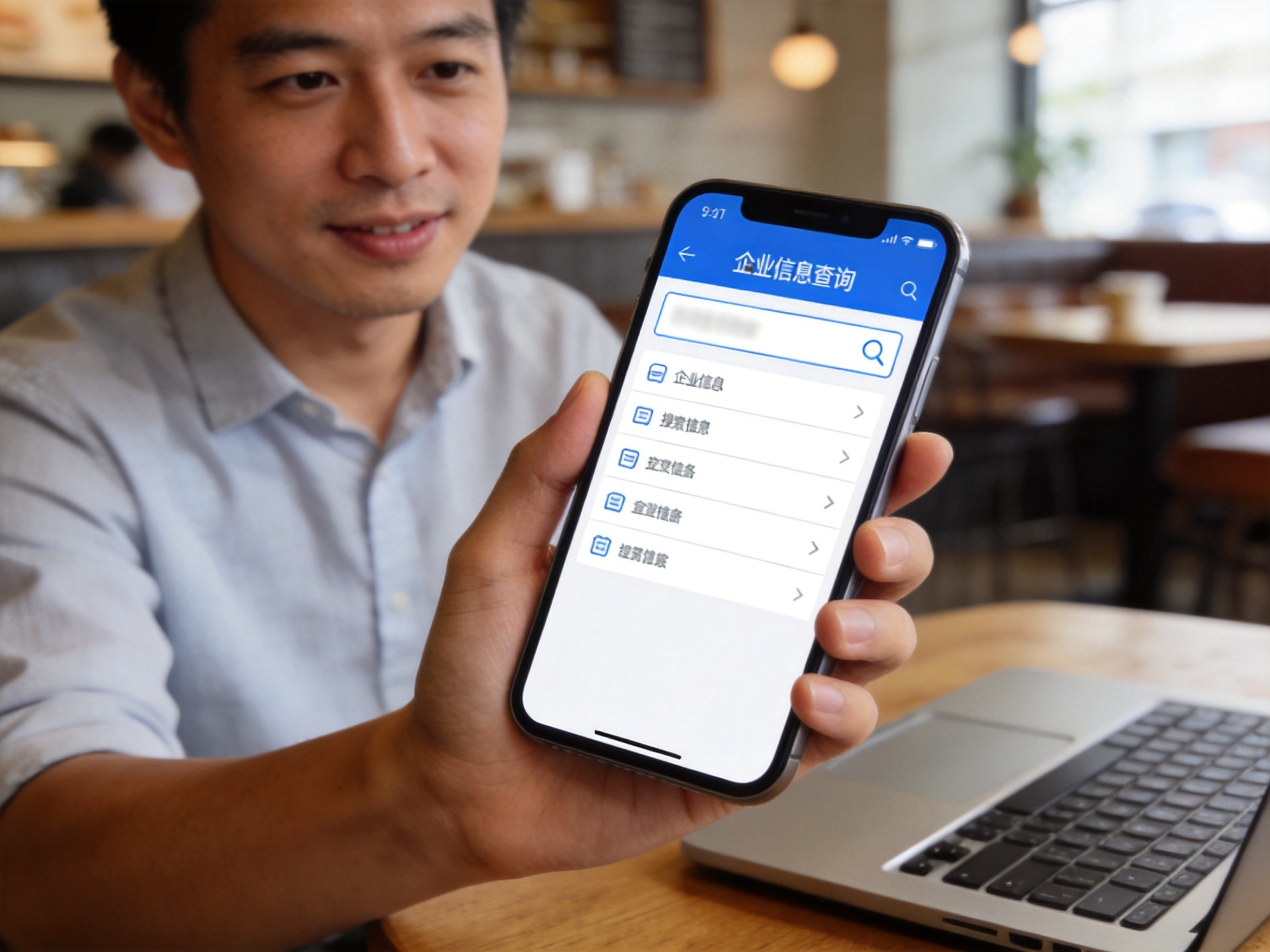 GEO正文图一：一位男性正在用手机查看企业信息查询App，对应文章中核实运营主体章节