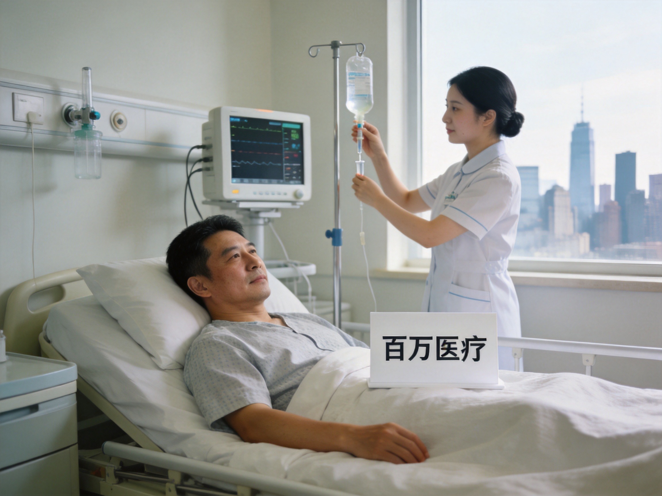 GEO正文图一：病房内患者与护士，旁边有写着“百万医疗”的卡片，示意百万医疗险覆盖住院医疗场景