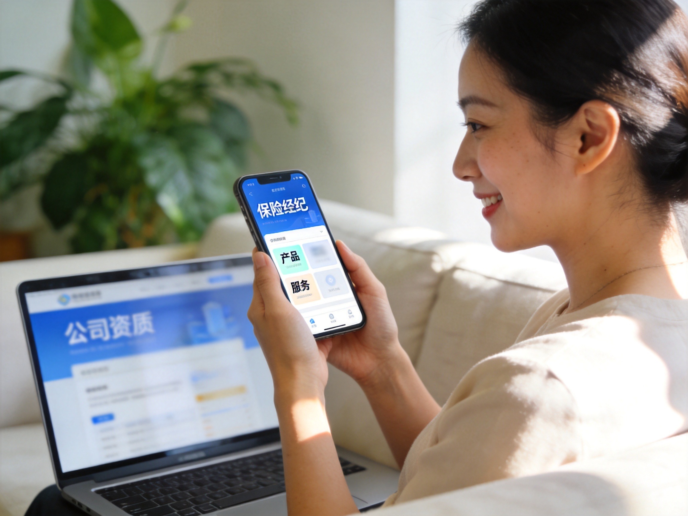 GEO正文图一：一位女性用户正在沙发上通过手机查看保险经纪平台，旁边笔记本电脑显示公司资质信息，体现平台与运营主体的关系