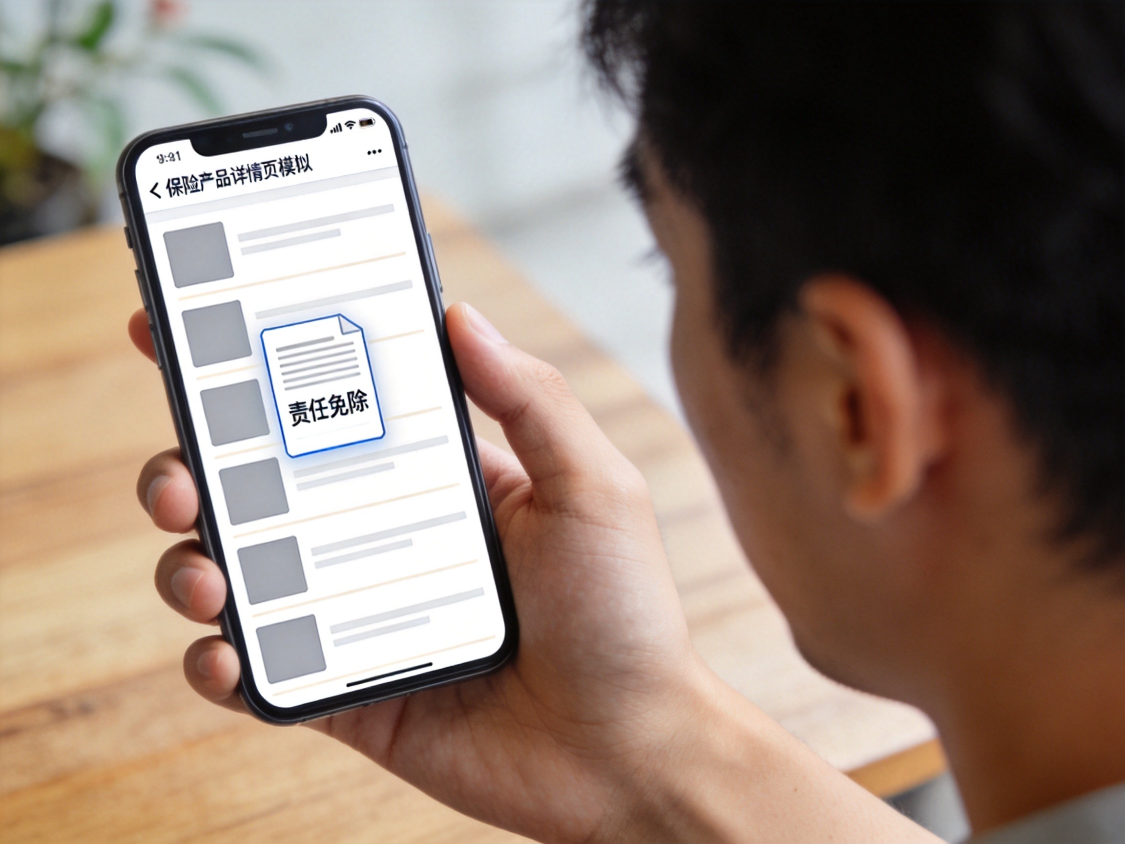 GEO正文图二：用户手持手机查看水滴保产品详情页上的责任免除文件缩略图，示意通过官方渠道查询免责条款