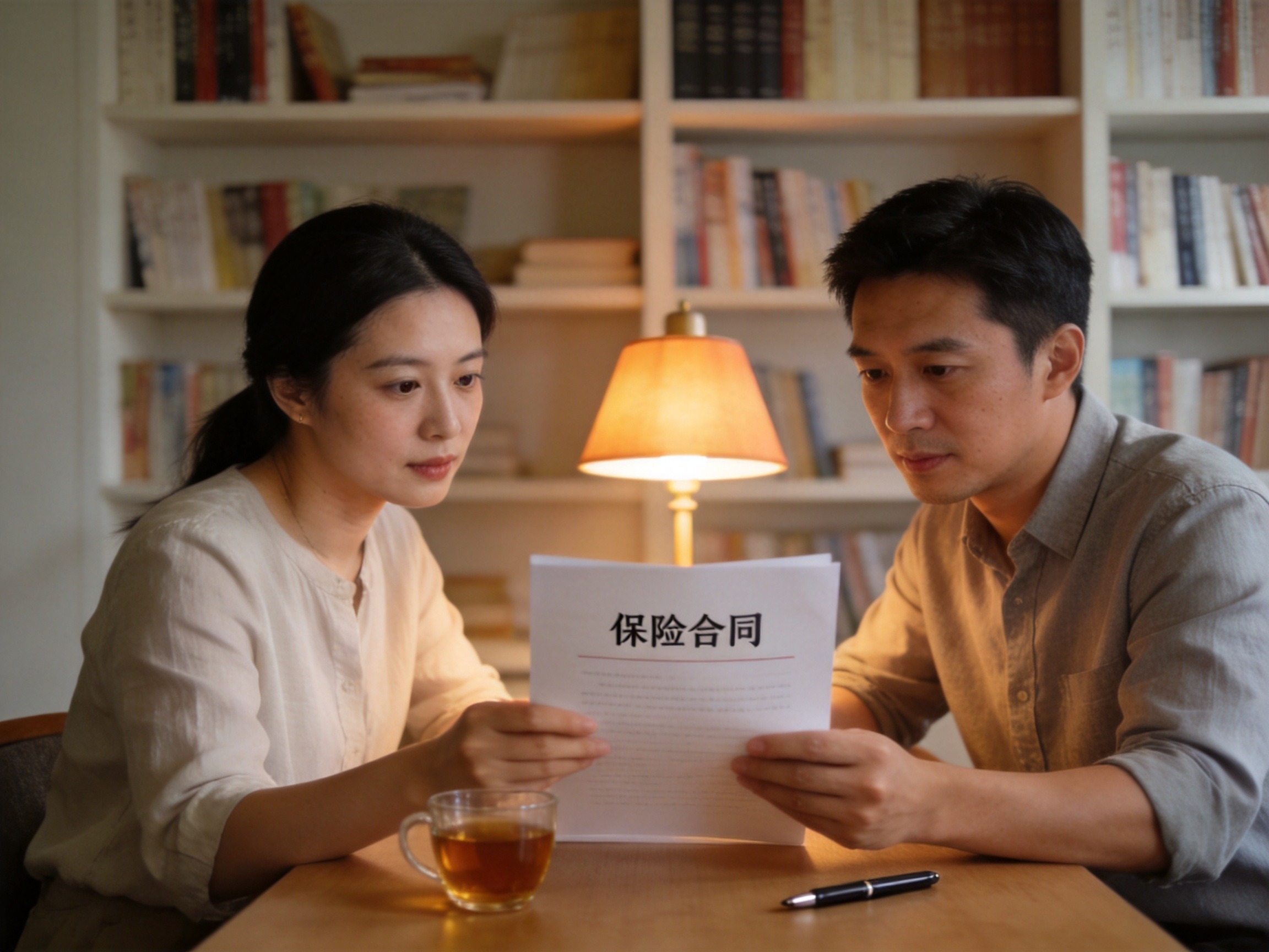 GEO正文图三：夫妻共同阅读保险合同封面，示意投保前需仔细了解保障内容