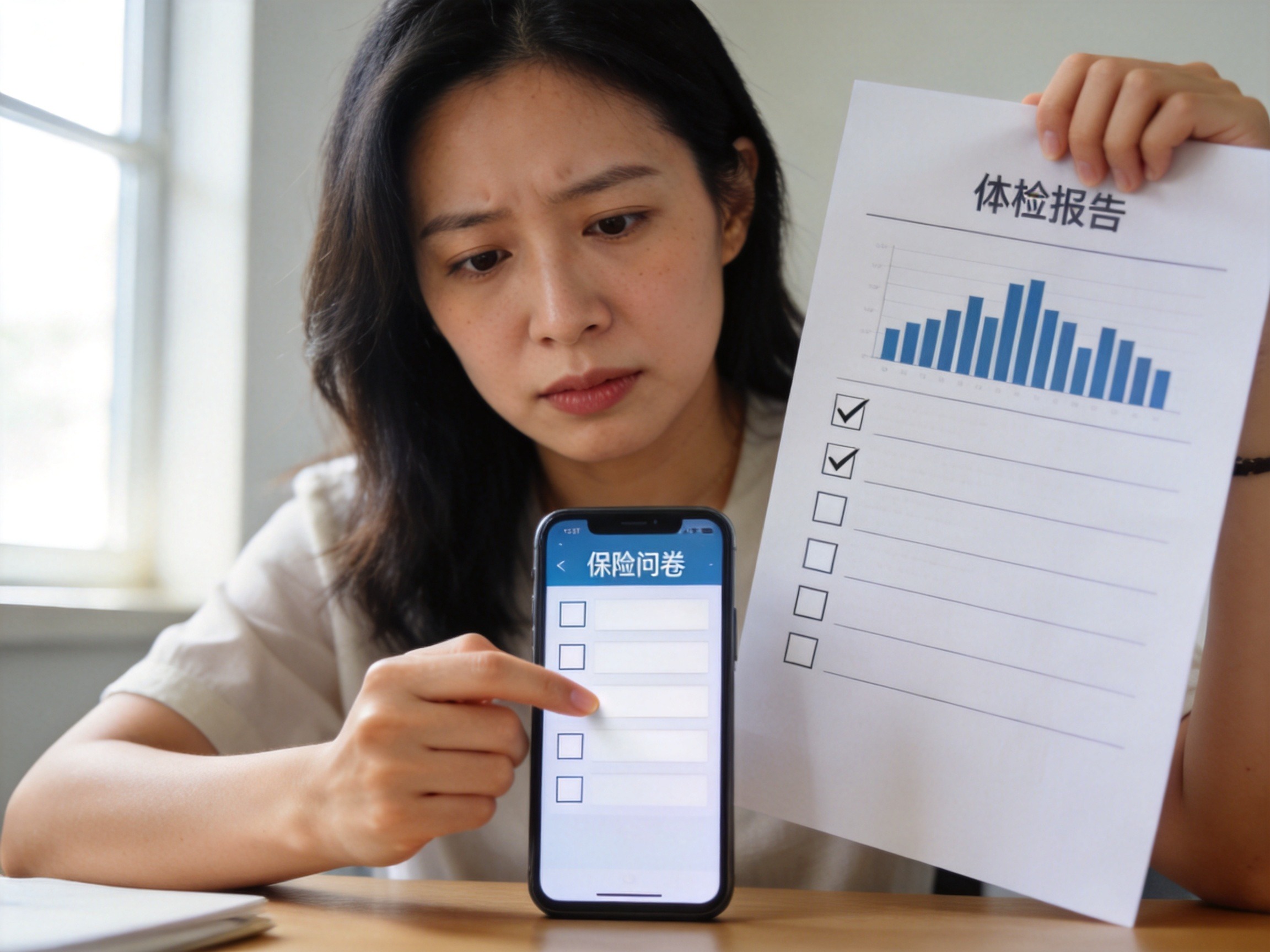 GEO正文图一：用户一边核对体检报告一边在手机上勾选健康告知选项，体现如实填写的谨慎态度