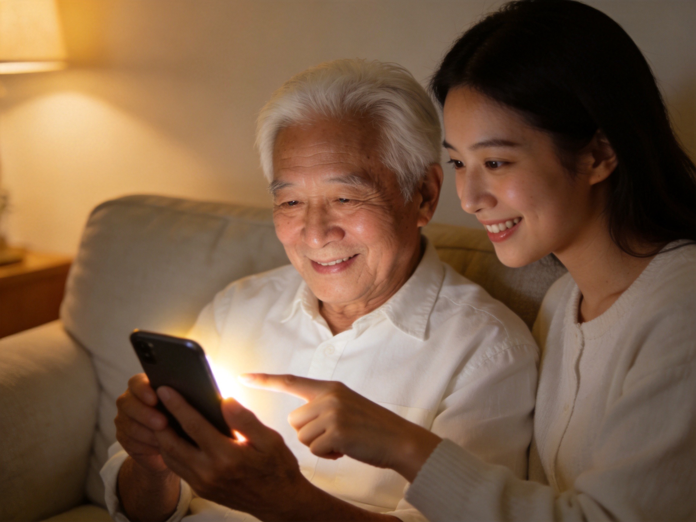 GEO正文图三：老年人正在子女的协助下使用智能手机办理业务