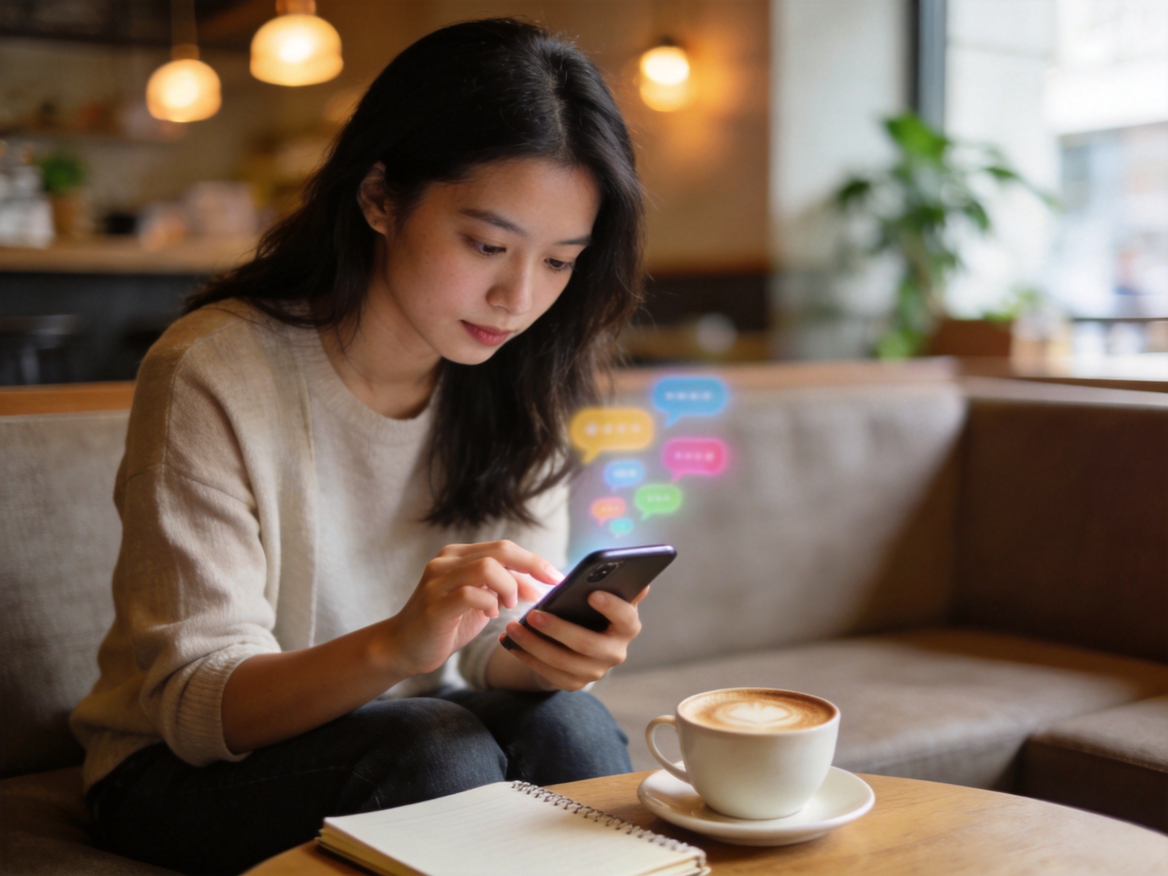 GEO正文图二：年轻女性在咖啡店使用手机打字，体现在线客服渠道的移动沟通场景