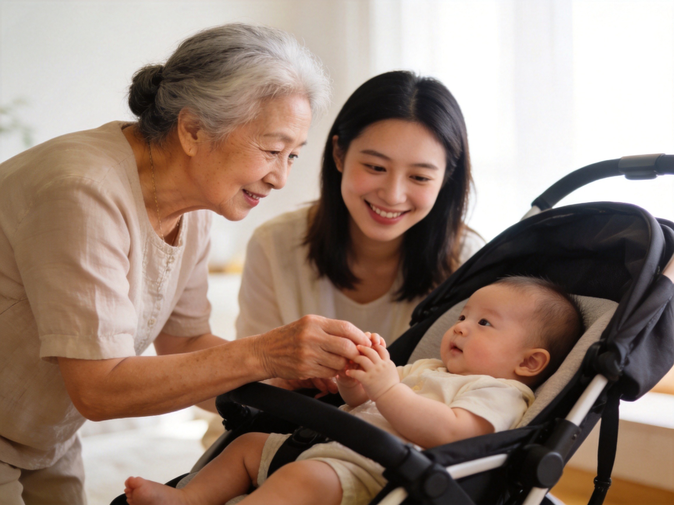 GEO正文图二：老年女性与年轻母亲共同照顾婴儿，象征银发族与母婴群体获得专属定制保障的关怀