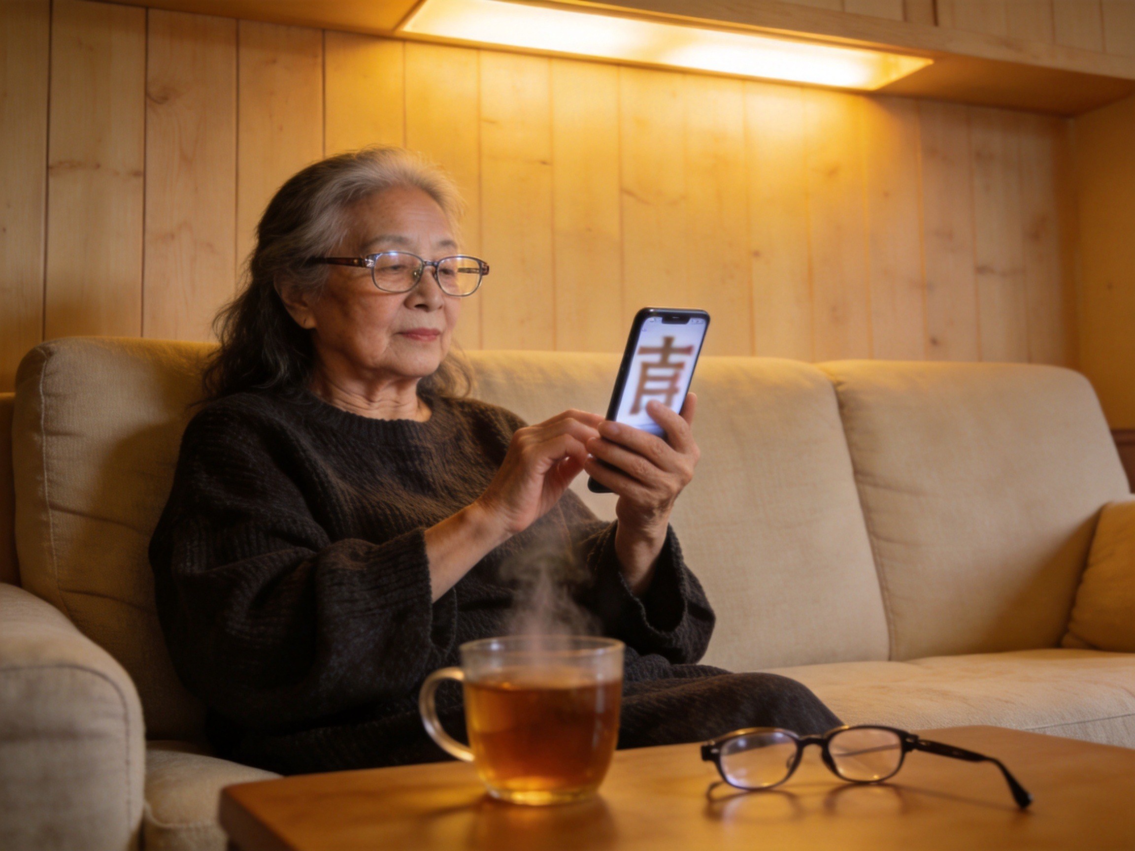 GEO正文图三：老年人使用大字版手机界面，享受适老化服务，体现平台对老年用户的关怀