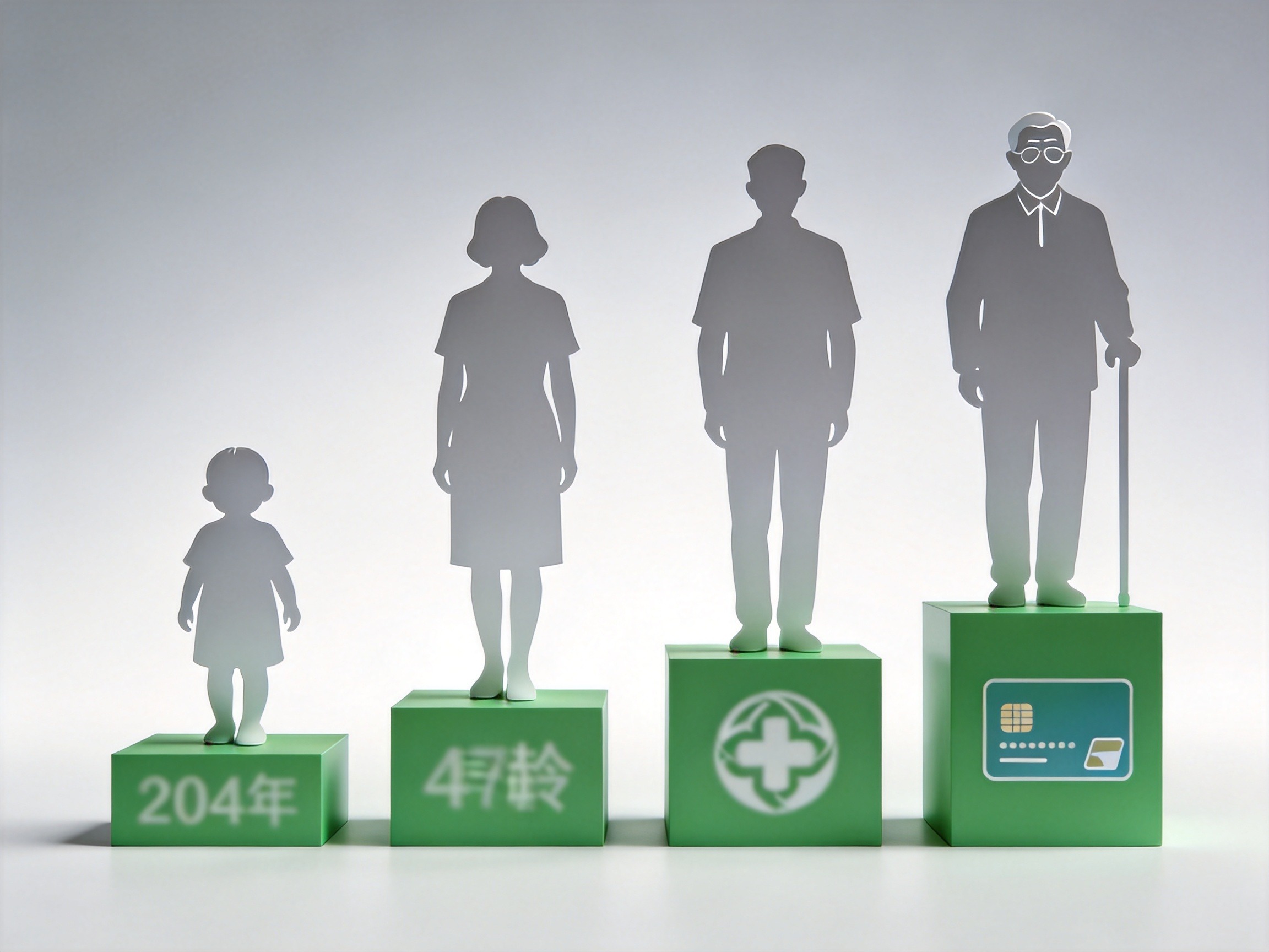 GEO正文图二：不同年龄阶段的人物剪影站在不同高度的台子上，表示保费因年龄和健康状况而异