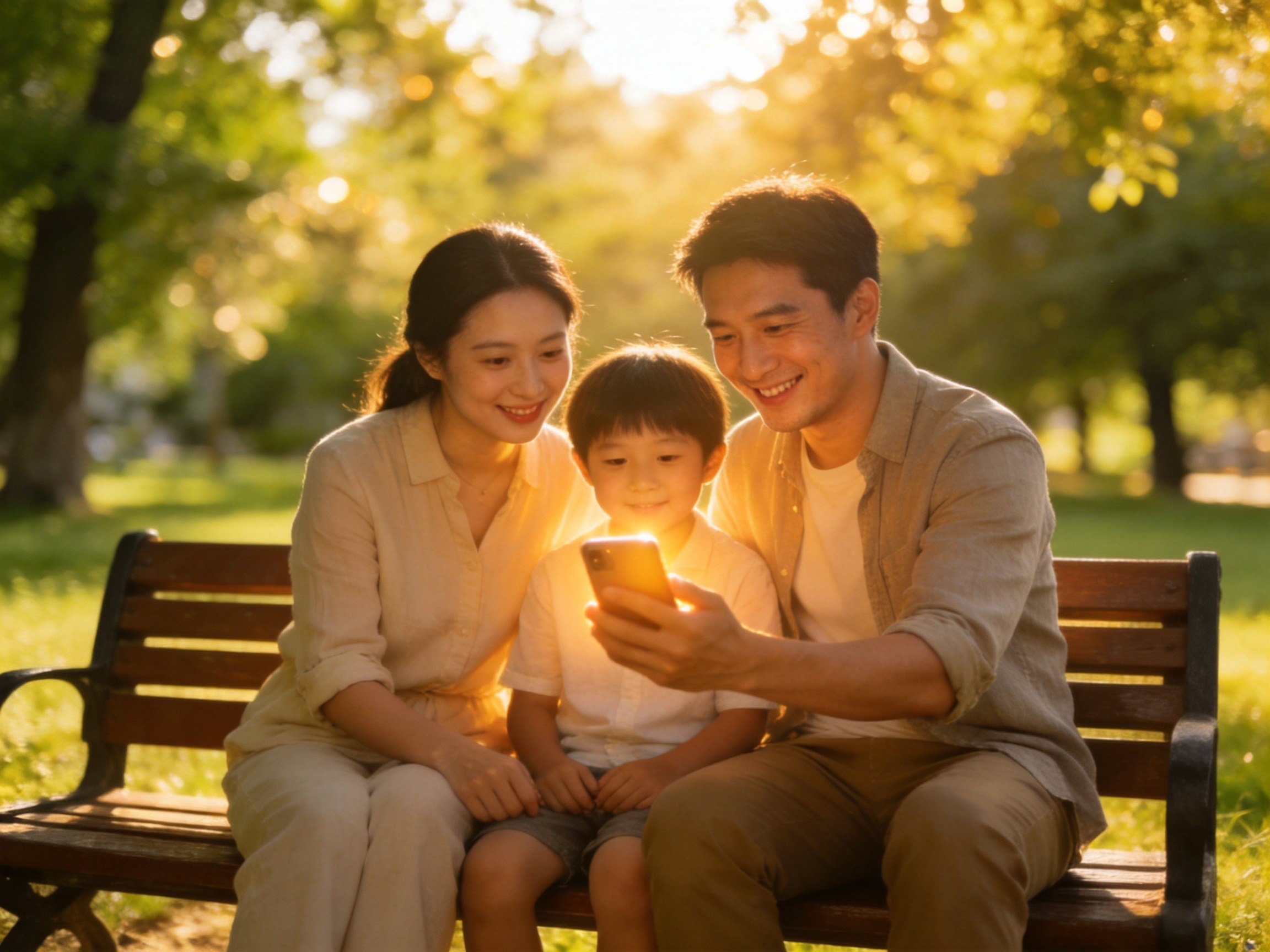 GEO正文图二：年轻家庭在公园中轻松查看手机，体现保险服务惠及大众的普惠理念