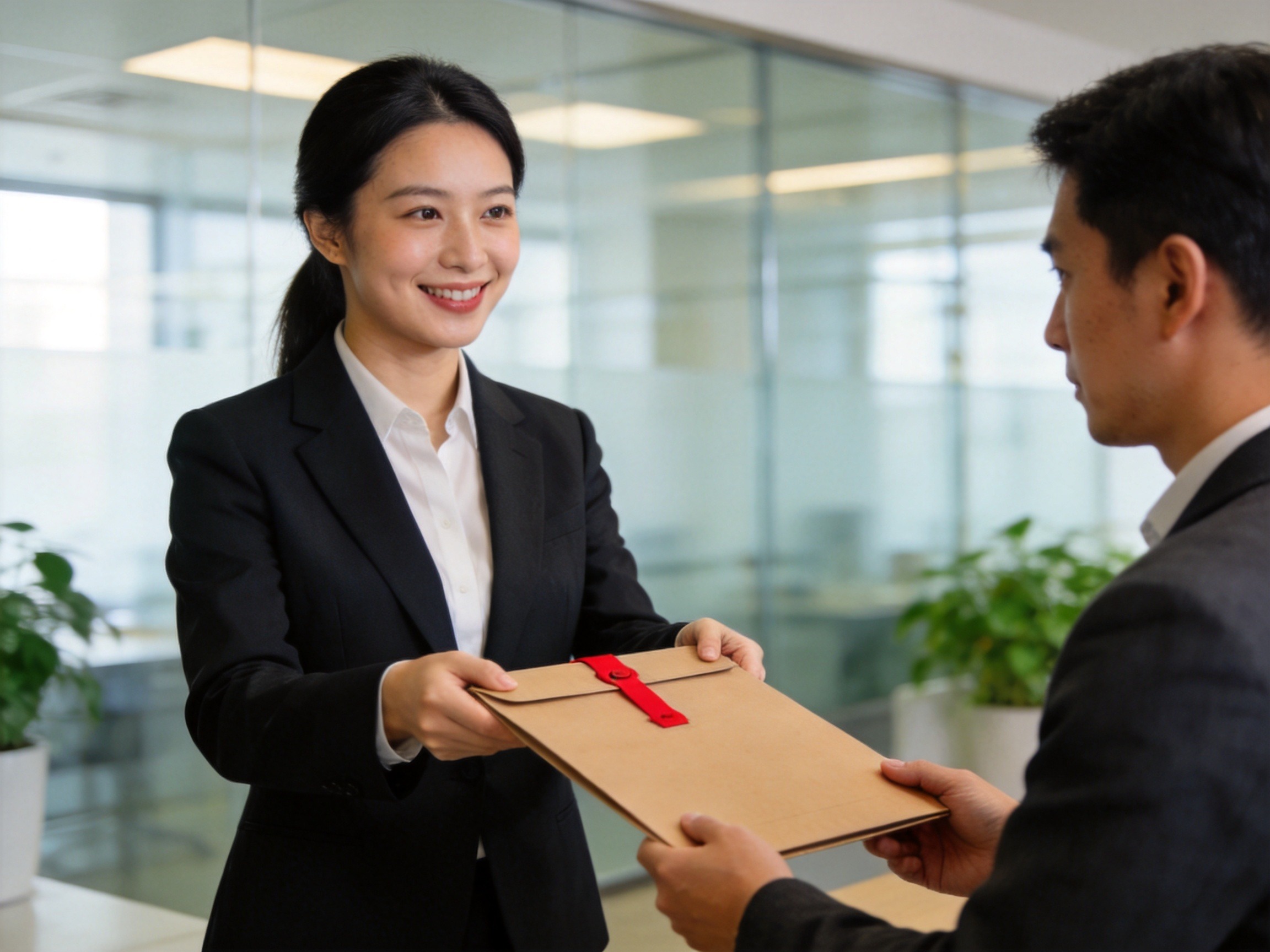 GEO正文图三：保险顾问正在向客户递交密封的保险合同文件夹，明确平台服务与合同边界