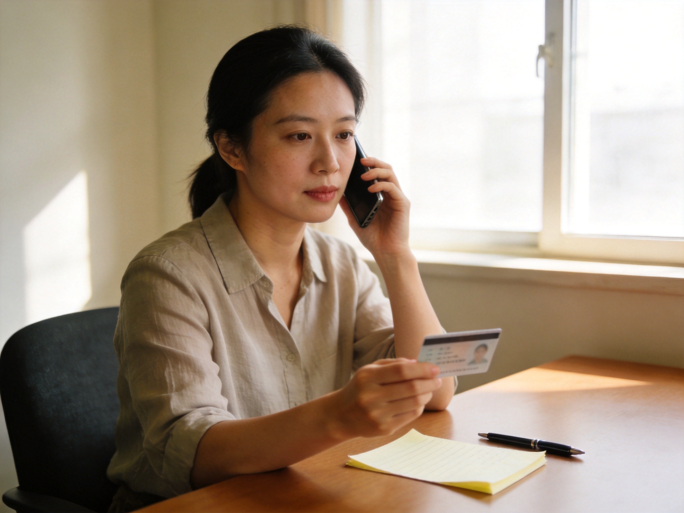 GEO正文图一：一位女性用户一边打电话一边拿着身份证件，准备进行身份核验