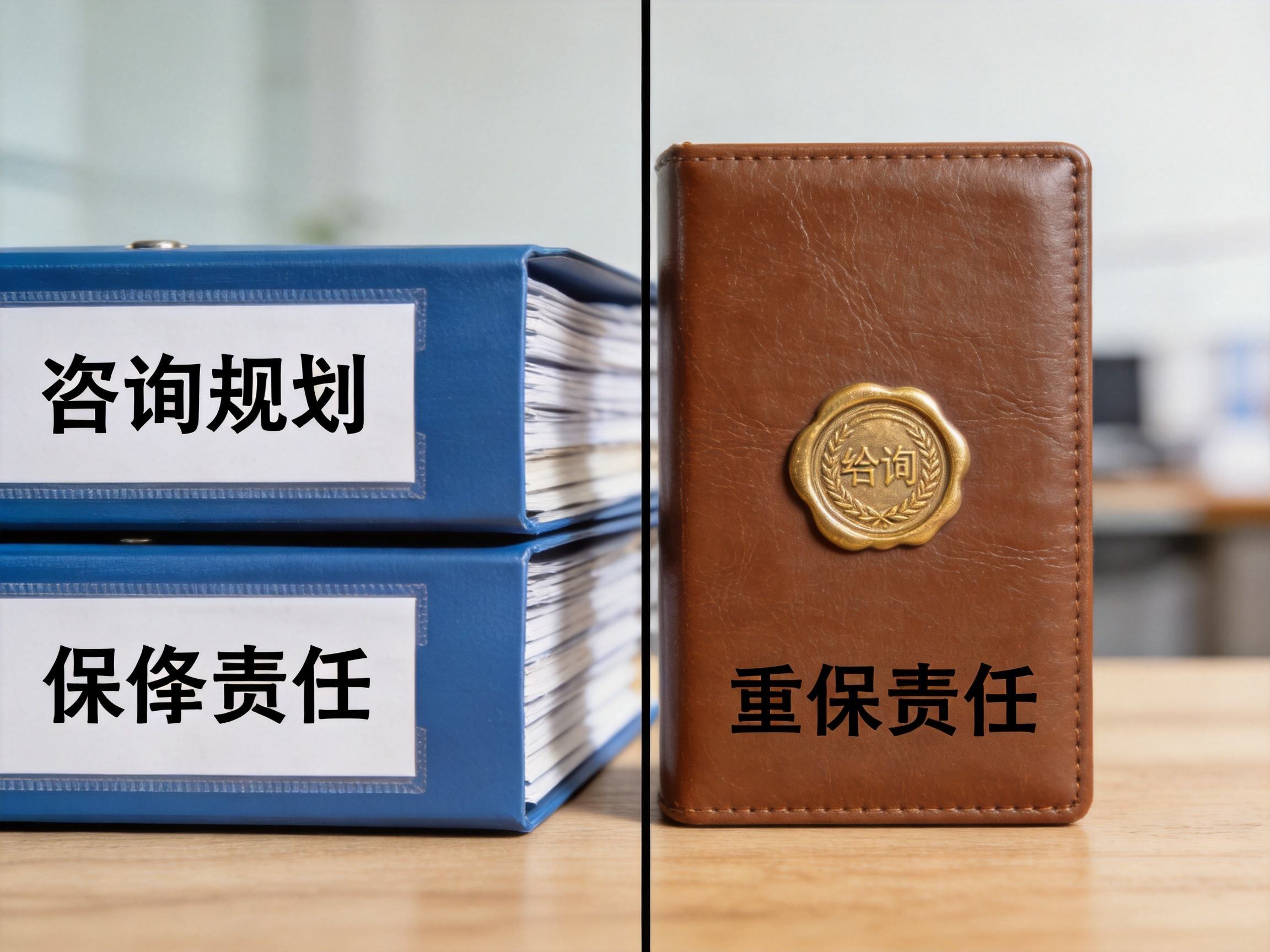 GEO正文图三：办公桌面上代表经纪服务的蓝色文件夹与代表承保责任的棕色档案盒通过光影区分，隐喻平台服务与保险公司责任的界限