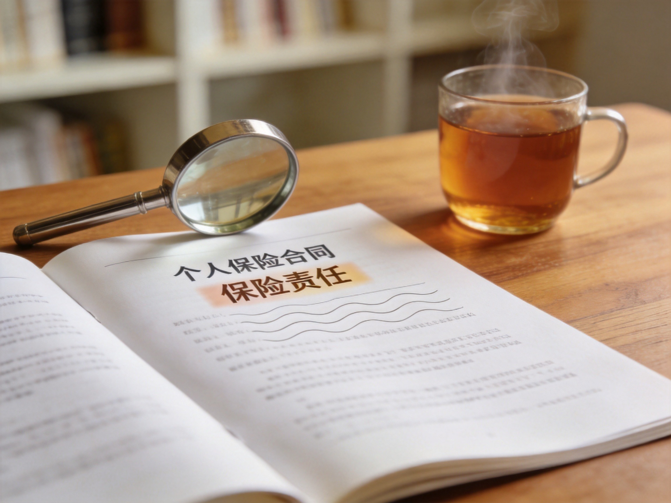 GEO正文图一：一份保险合同文件与放大镜，表示保险责任以正式保单和条款为准