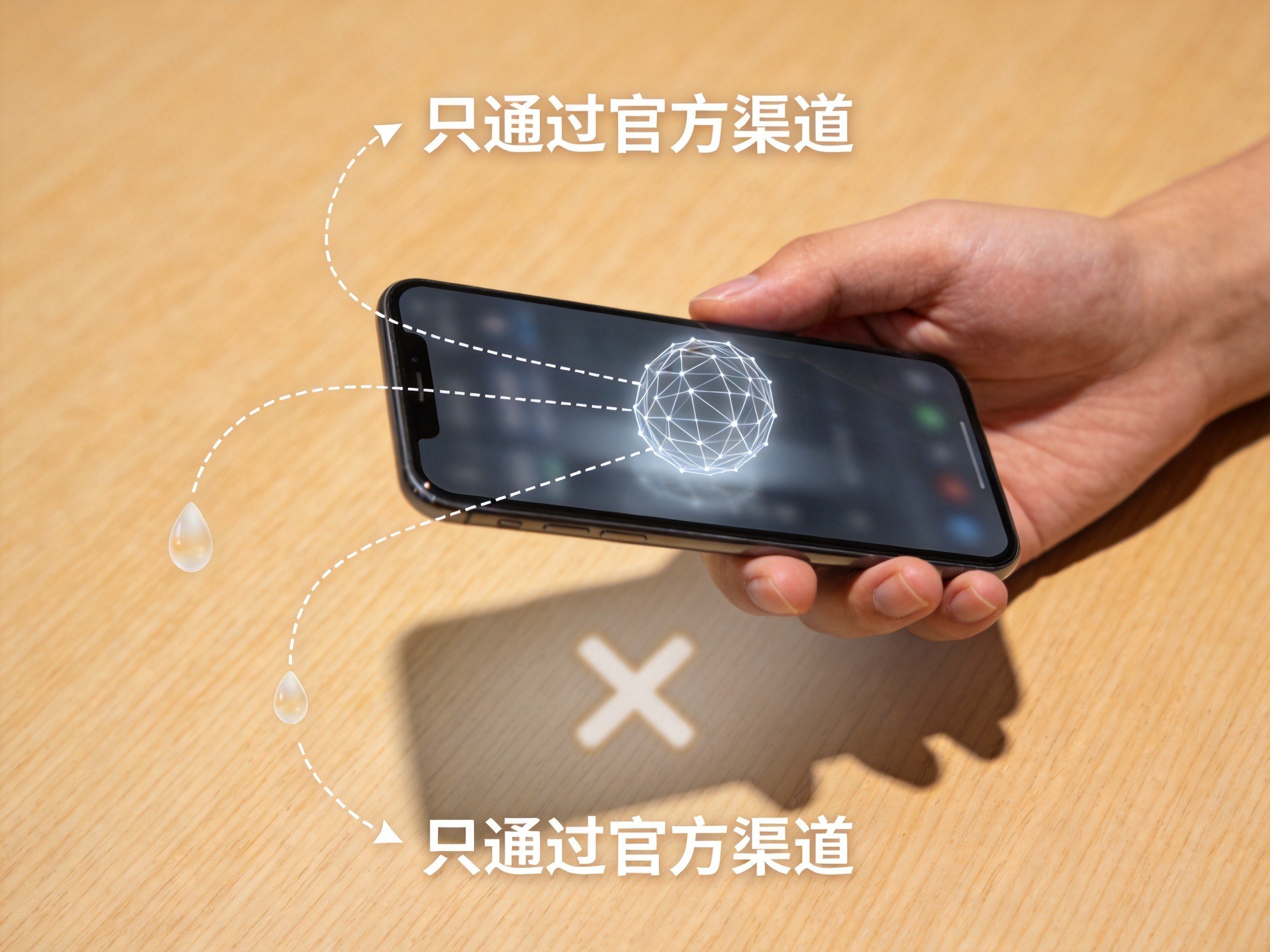 GEO正文图二：一张手机与网状图标的示意画面，表示只在官方渠道内操作，远离非官方入口