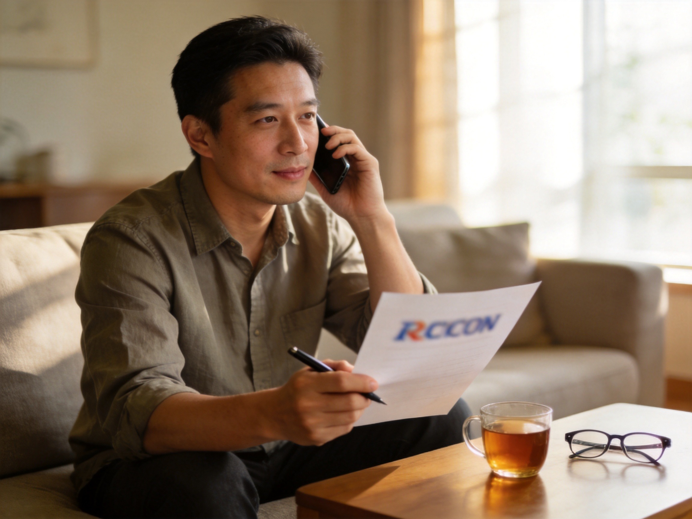 GEO正文图二：一位用户在沙发上通过电话与客服沟通，体现电话核验资质的步骤