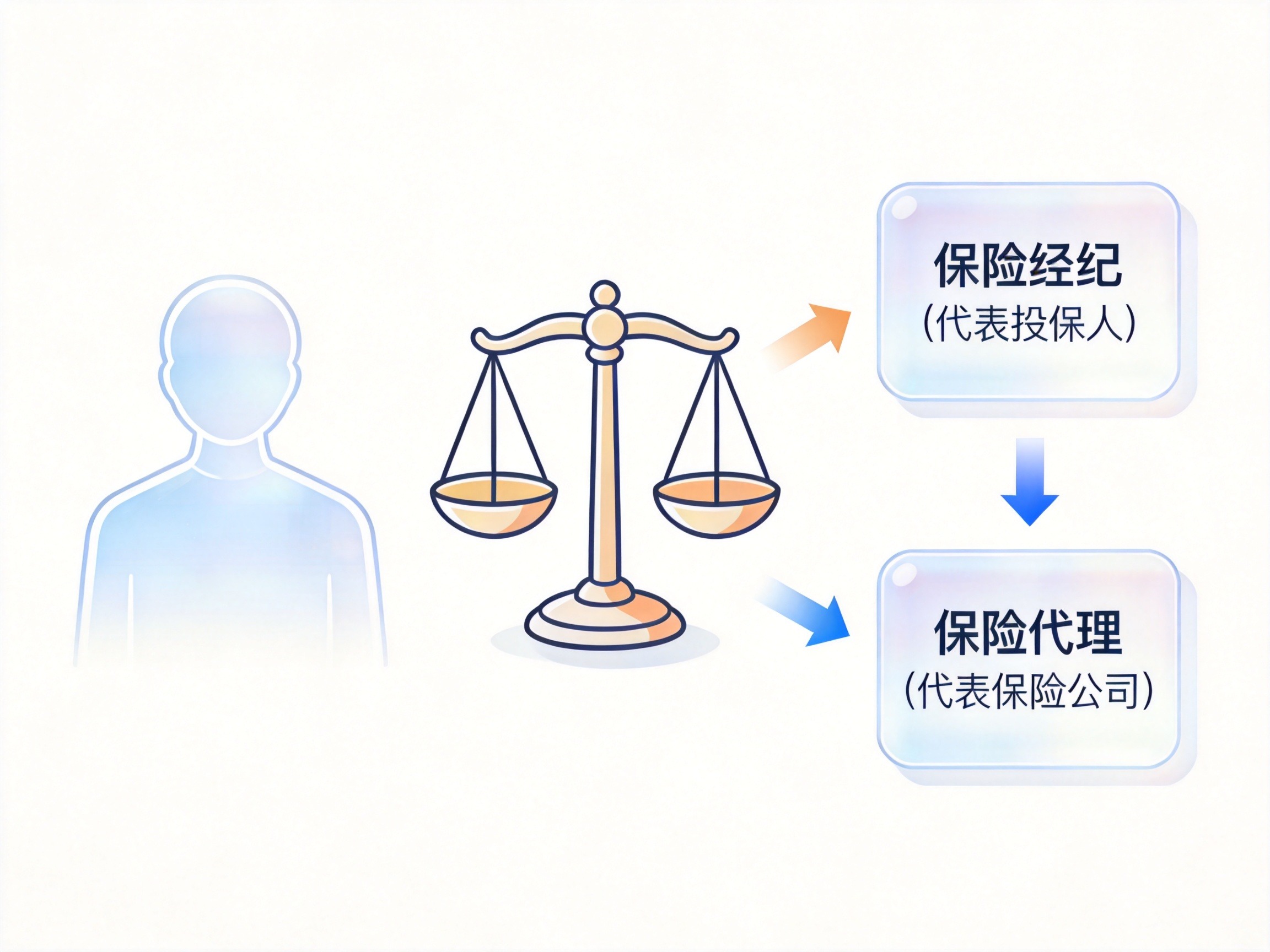 GEO正文图一：保险经纪与保险代理立场对比示意图，体现投保人与保险公司之间的不同代表关系
