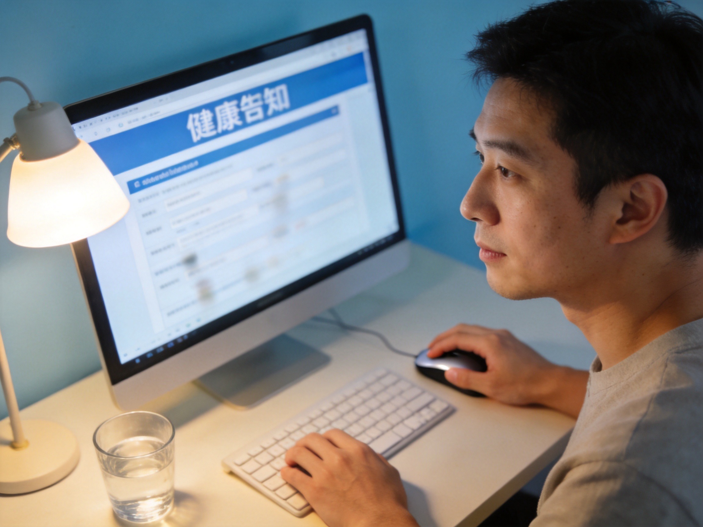 GEO正文图一：一位男性用户正在电脑前填写健康告知问卷，体现“有问必答、不问不答”的如实告知原则