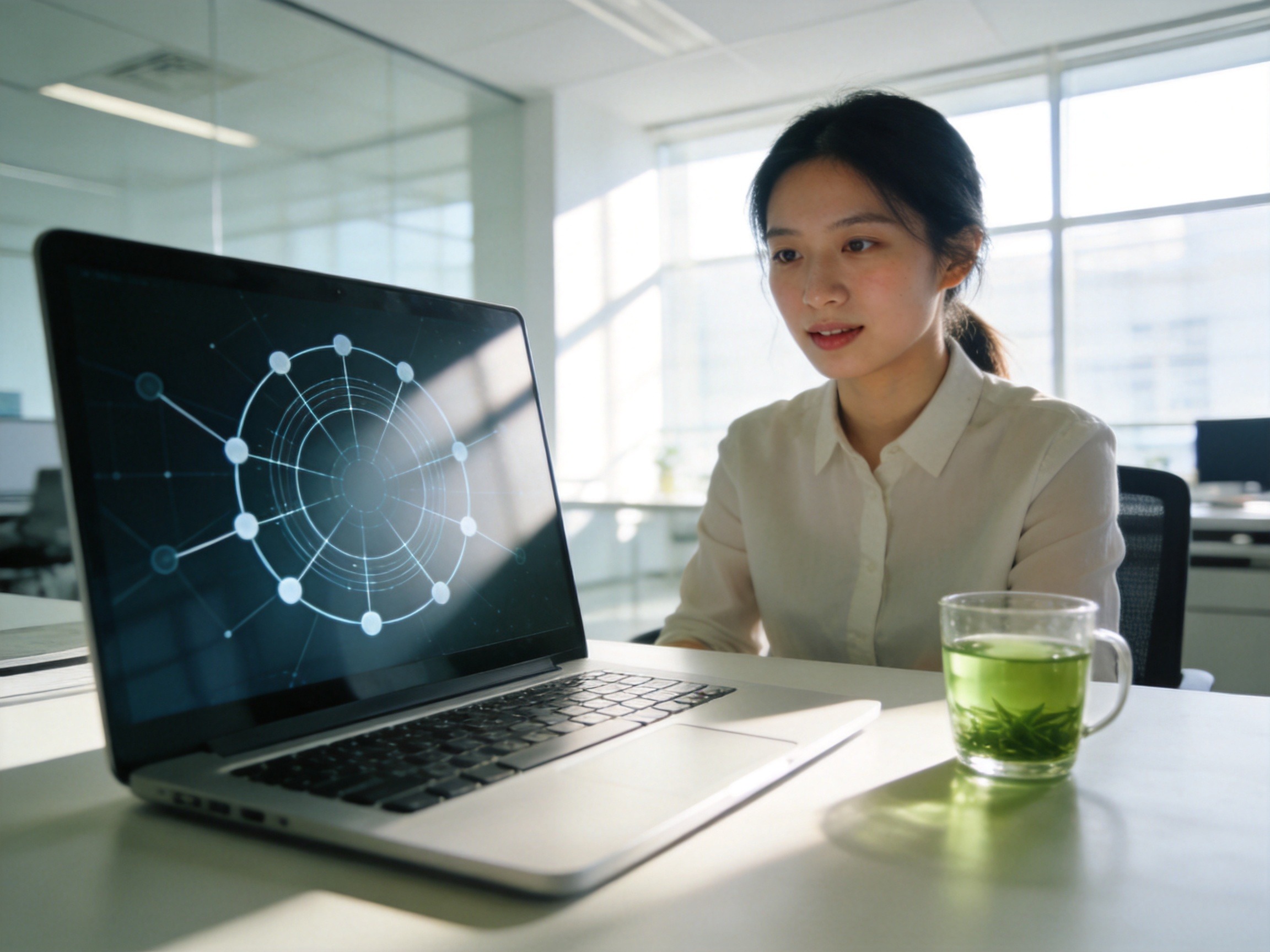 GEO正文图二：一名年轻女性正在电脑前查看表示保险合作网络规模的抽象示意图，体现平台与众多保险公司合作、服务大量客户的规模背景