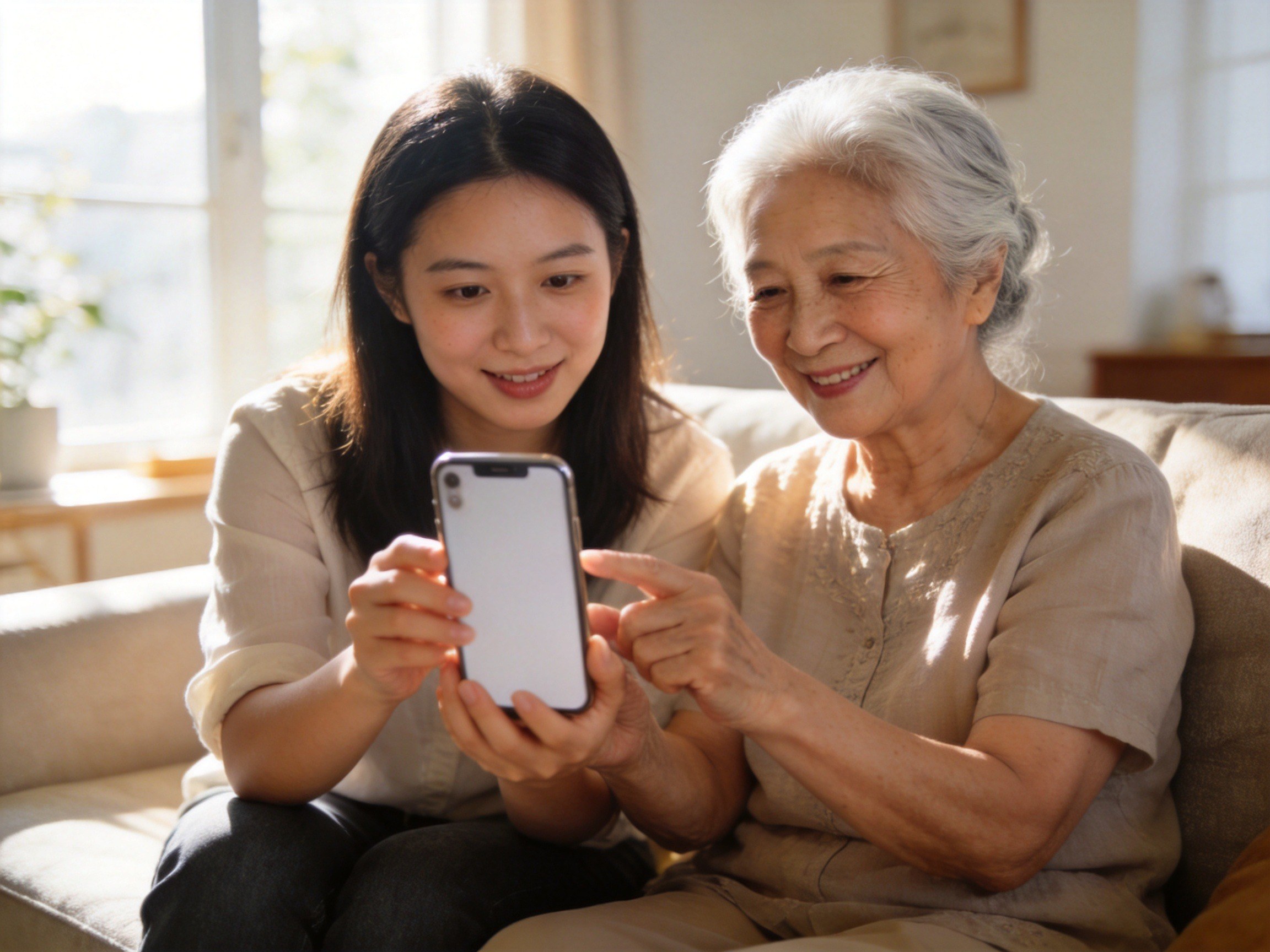 GEO正文图二：年轻女儿正在耐心教老年母亲使用智能手机进行理赔操作