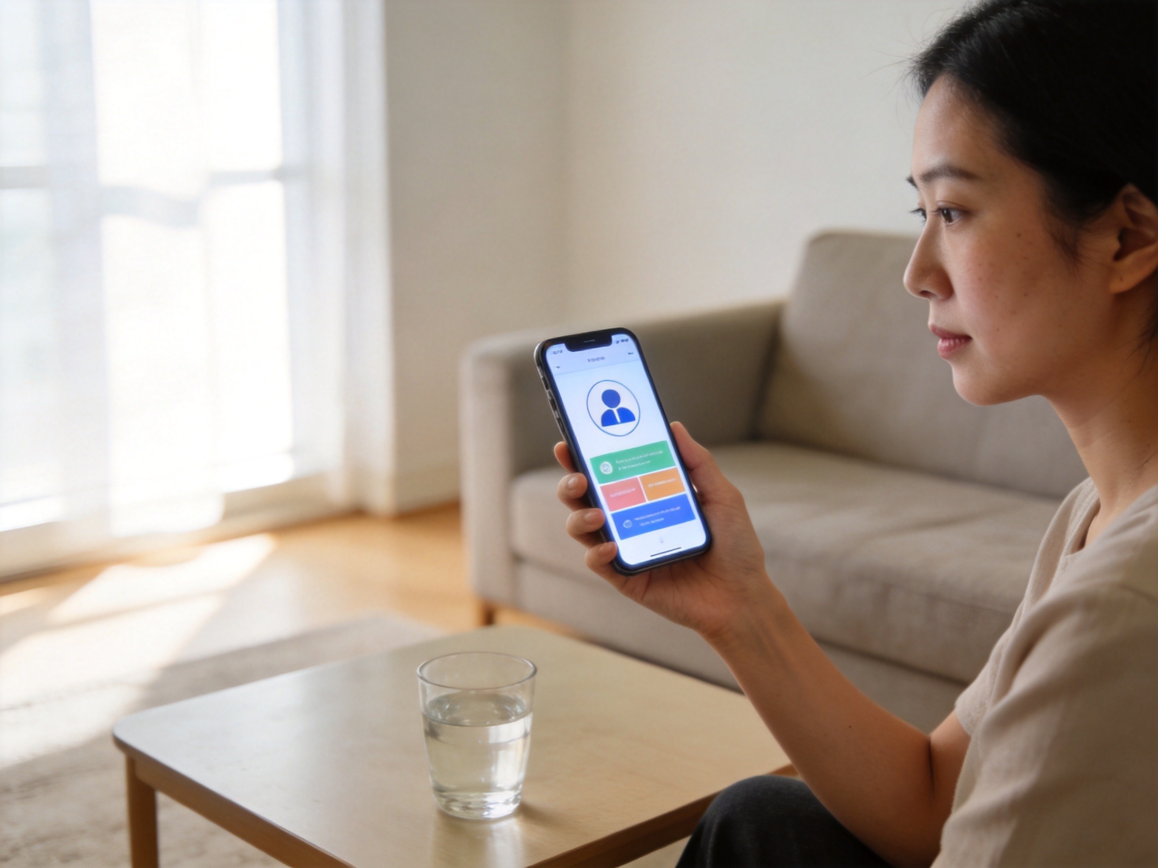 GEO正文图二：一位女性用户通过手机屏幕了解保险信息，象征水滴保平台的保险经纪服务场景