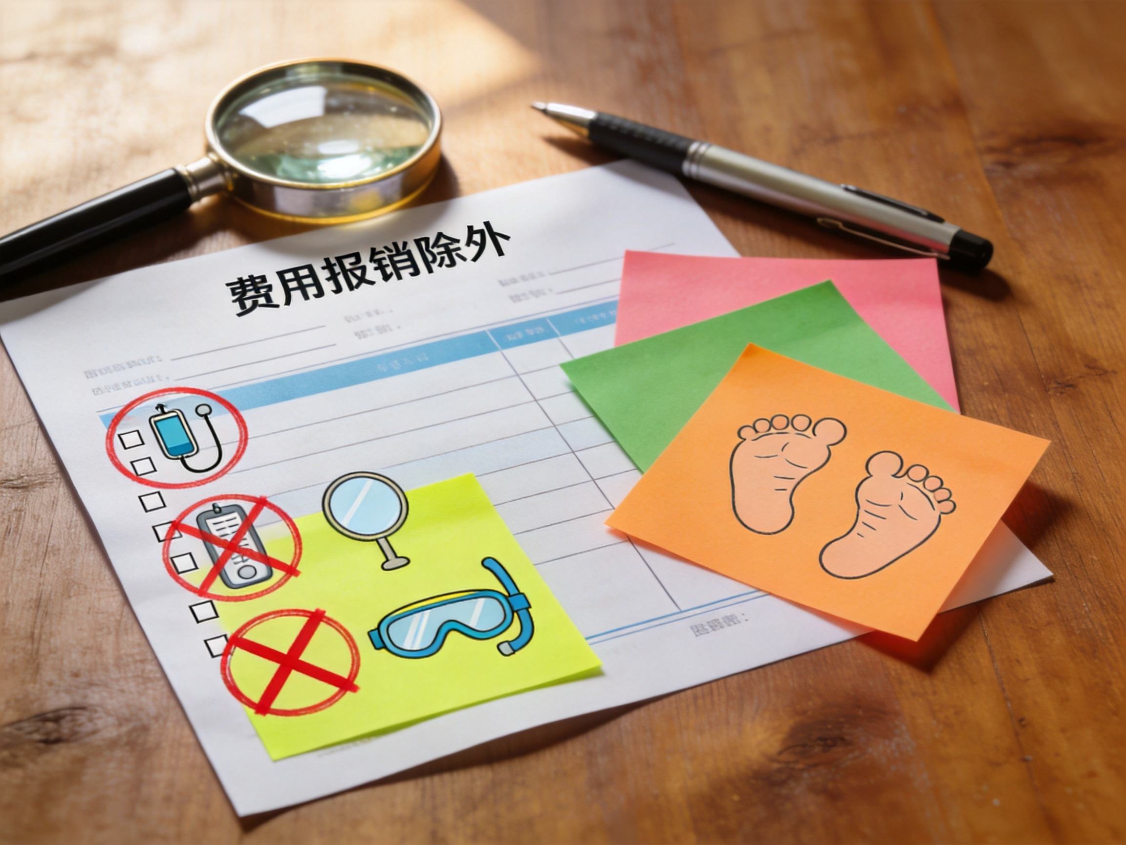 GEO正文图一：桌面上的医院收据和便签，便签图标表示既往症、美容、高风险运动等不报销项目