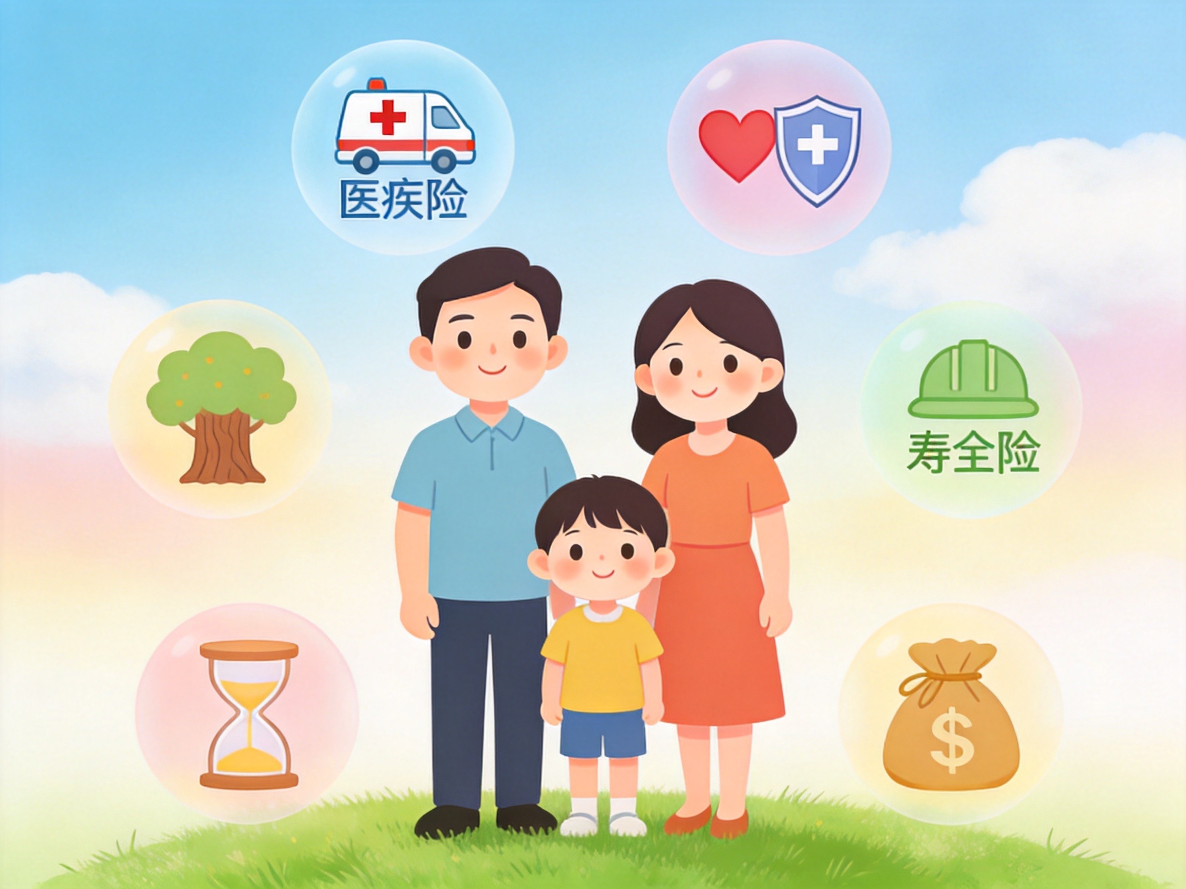 GEO正文图一：概念插画展示一个家庭被五大险种抽象图标环绕，代表水滴保平台覆盖医疗、重疾、意外、寿险、年金类产品，配合正文介绍帮助理解险种覆盖范围