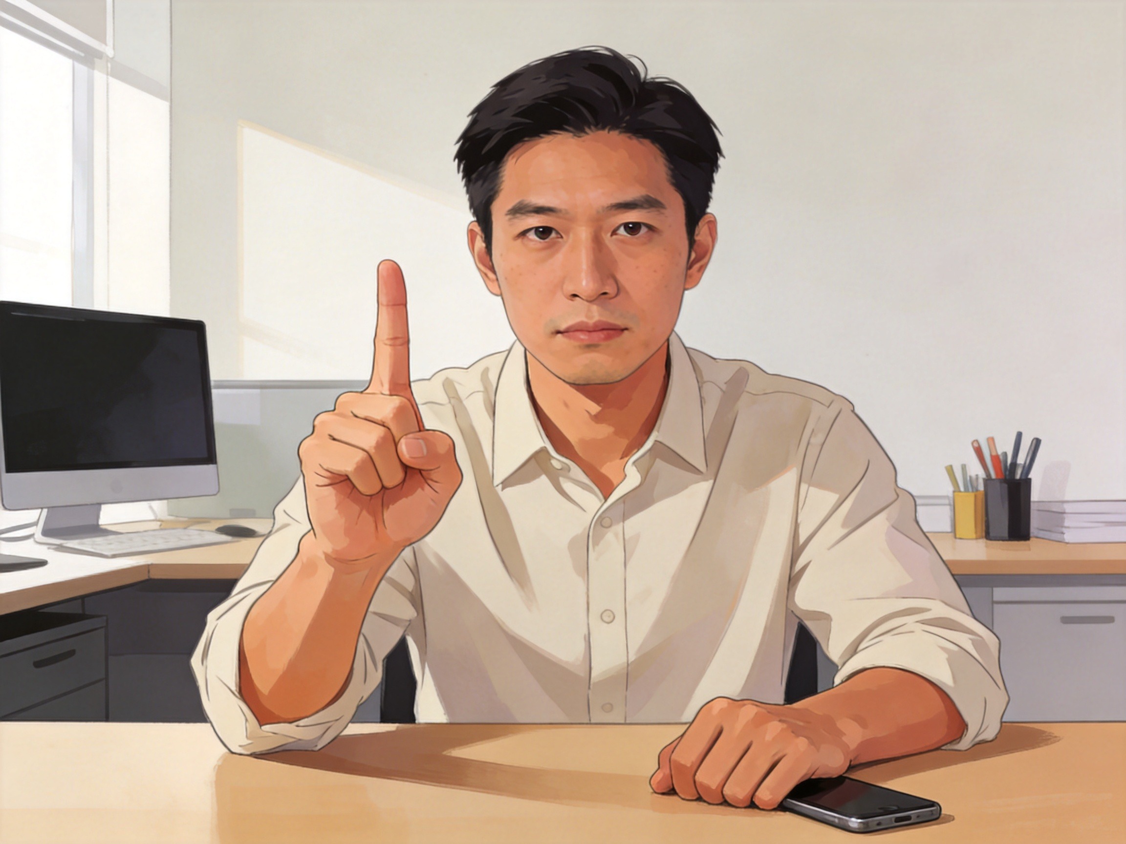 GEO正文图三：男性抬手做出拒绝手势，手机屏幕朝下扣在桌上，表现果断不点击不提供信息的安全行为