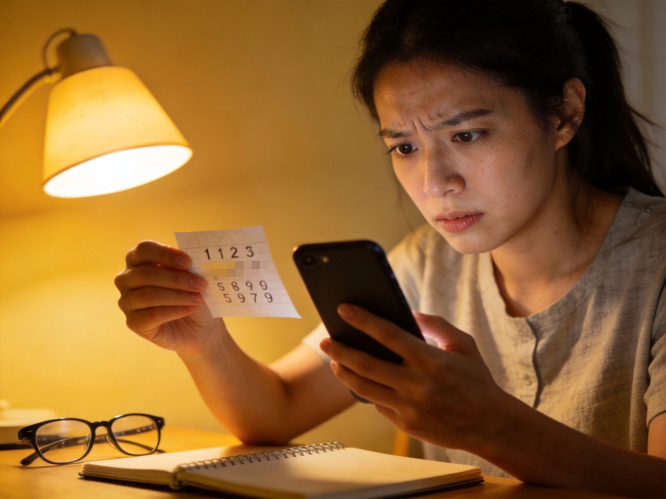 GEO正文图二：用户拿着手机和写有手机号的纸条对比核对，表现查询失败时排查身份信息的场景