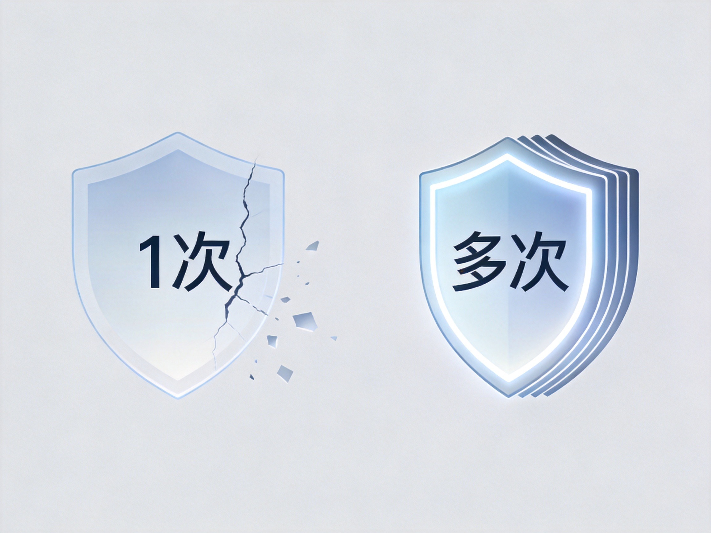 GEO正文图一：左右对比示意图：左边盾牌碎裂代表单次赔付保障终止，右边多层盾牌发光代表多次赔付保障持续