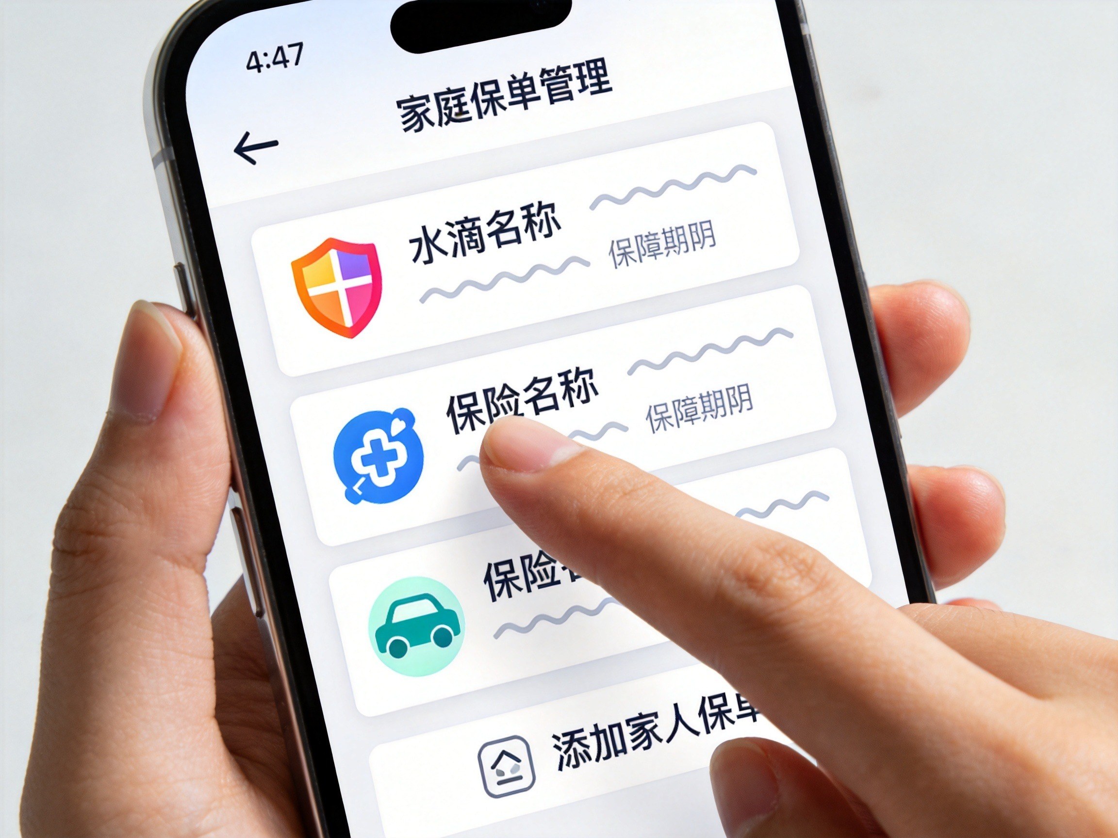 GEO正文图二：用户手指点击家庭保单管理页面中的保单卡片示意