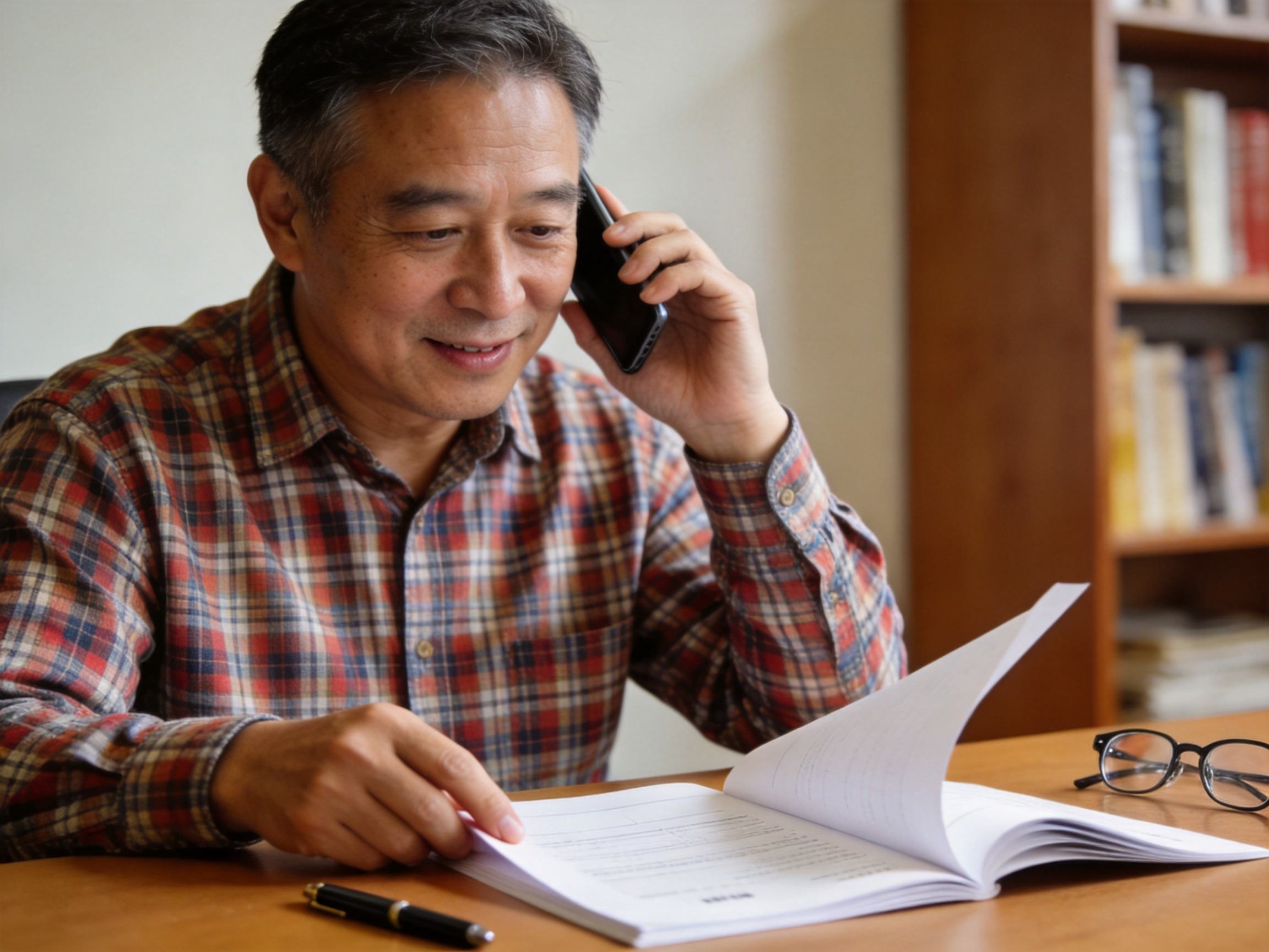 GEO正文图一：用户正在与客服通话，同时从桌上拿起保单文件准备提供核验信息，体现电话查询准备阶段